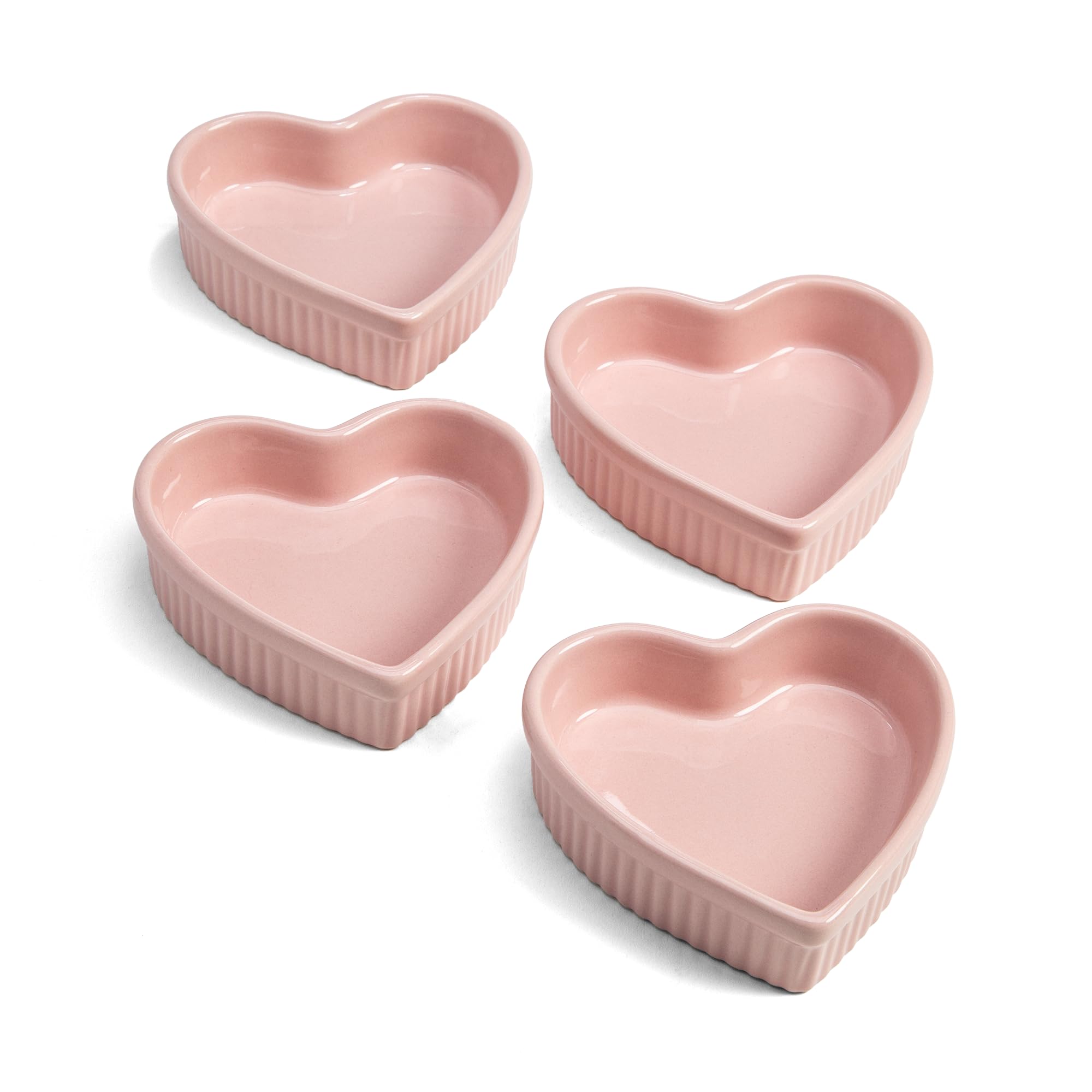 Paris Hilton Heart Shaped Ramekin Set - 4-Piece Mini Ceramic Baking Dishes | Oven & Dishwasher Safe Stoneware | PFOA-Free | Perfect for Valentine's Day Desserts, Romantic Dinners & Party Appetizers (Pink)