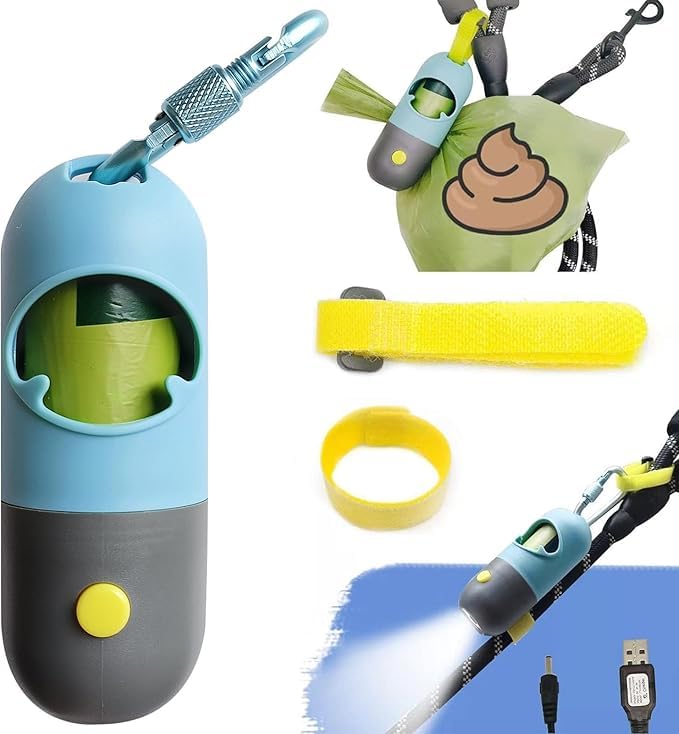 LED Flashlight Dog Poop Bag Dispenser Holder - Leash Attachment for Nighttime Dog Walking (Includes 15 Waste Bags, Blue) - Perfect for Evening Walks, Park Visits & Outdoor Adventures with Your Pet