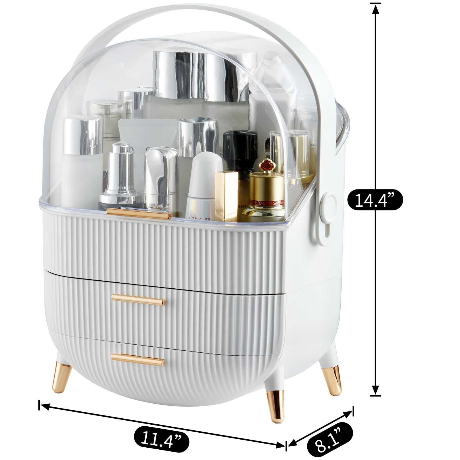 CANITORON Makeup Organizer with 2 Drawers & Clear Cover - White Cosmetic Storage Case for Vanity, Bathroom Countertop | Skincare Display & Jewelry Organizer for Bedroom Dresser & Travel