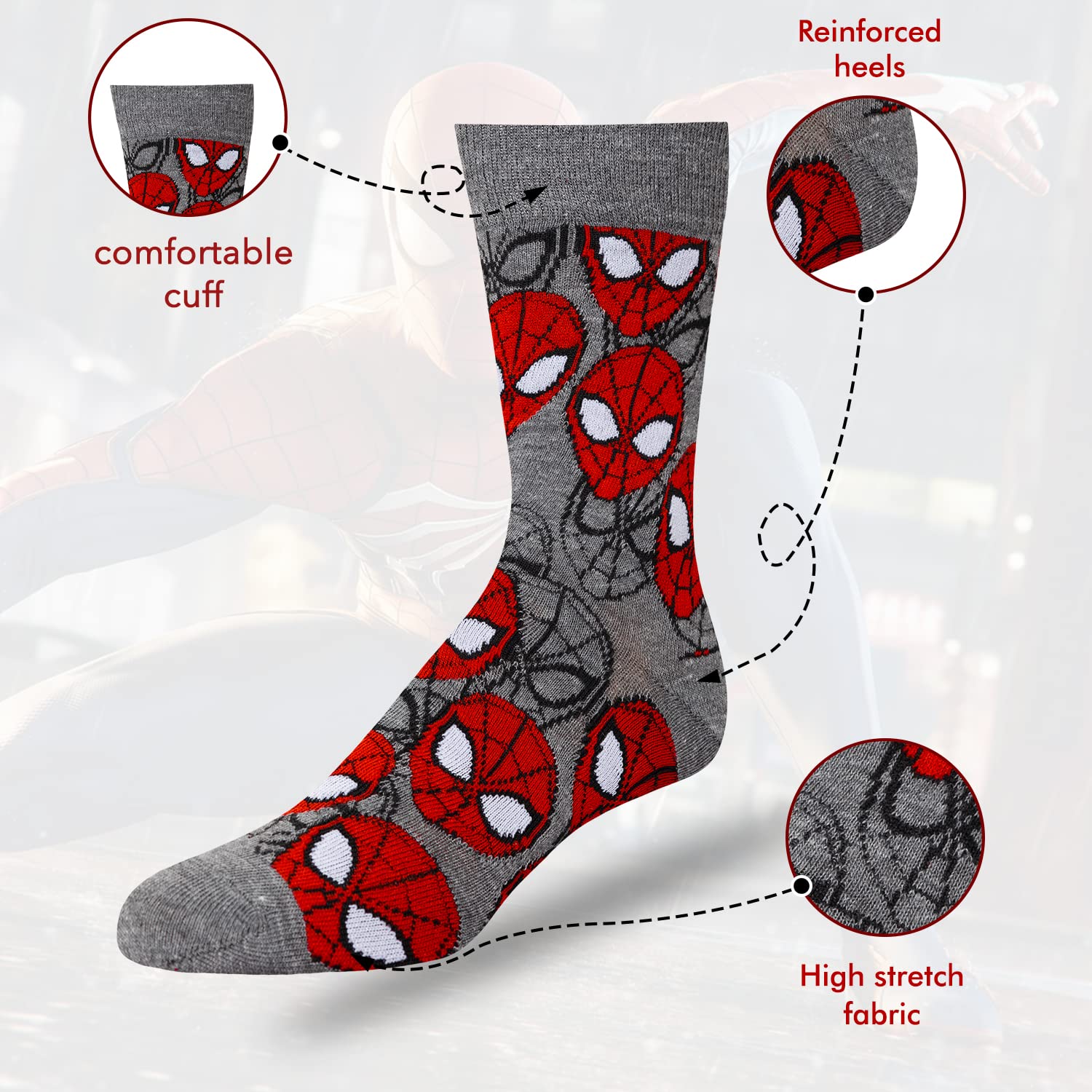 Marvel Spiderman Athletic Socks 6-Pack for Men & Boys - Breathable Cotton Crew Socks for Sports, Gym & Everyday Wear - Superhero Gift for Kids & Adults