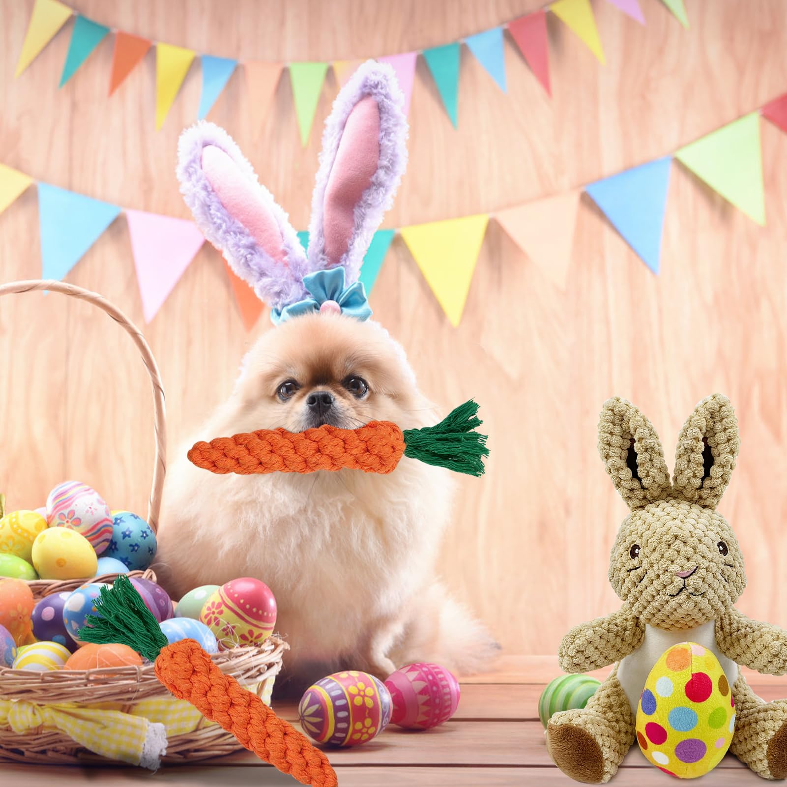 4 Pcs Easter Dog Squeaky Toys - Plush Bunny Rabbit Stuffed Animal with Crinkle & Rope Carrot - Interactive Easter Gift for Small Medium Dogs - Perfect for Easter Egg Hunts & Puppy Playtime