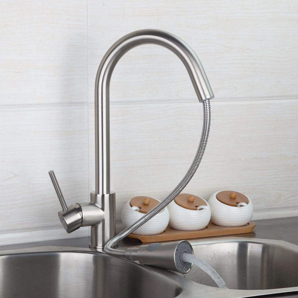 Brushed Nickel Solid Brass Kitchen Faucet with Pull-Out Sprayer - Deck Mounted Single Handle Sink Mixer Tap for Modern Home Kitchen Renovation | Durable & Stylish Design for Cooking & Dishwashing