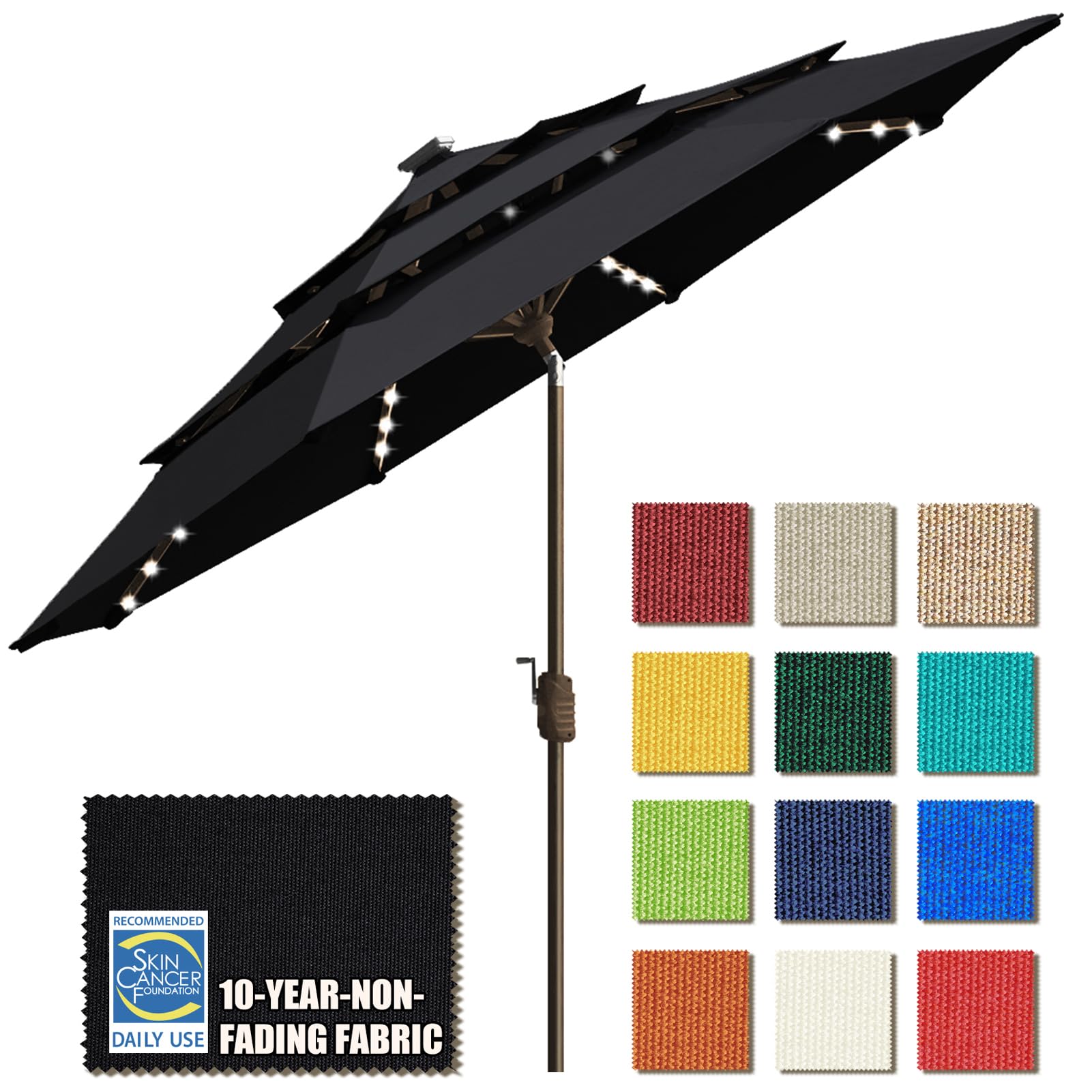 EliteShade USA 10-Year Fade-Resistant 9ft 3-Tier Solar Patio Umbrella with 80 LED Lights - Outdoor Market Umbrella with Ventilation for Garden, Poolside & Restaurant (Black) - Perfect for Backyard, Deck & Commercial Use