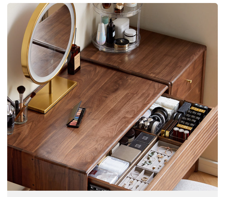 Premium Black Walnut Solid Wood Dressing Table Set with Mirror - Elegant Vanity Desk for Bedroom, Makeup & Beauty Organization