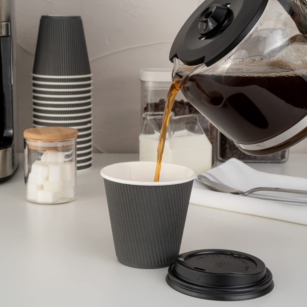 8oz Insulated Coffee Cups with Lids (400 Pack) - Leakproof & Non-Slip Gray Paper Hot Cups for Coffee, Tea, Hot Cocoa & Lattes | Restaurant, Cafe, Office & Home Use