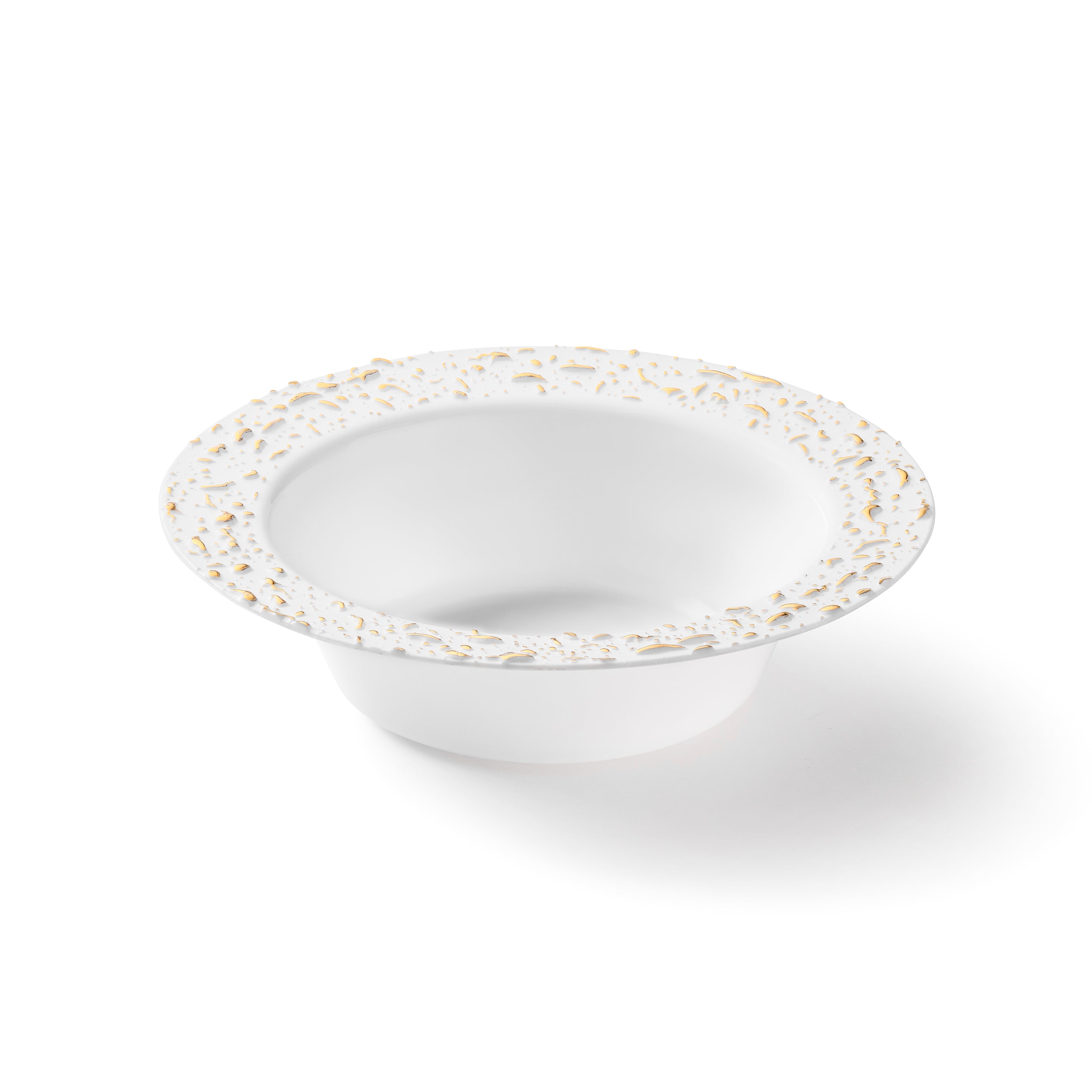 32 Pack White and Gold Round Plastic Soup and Dessert Plates Set for 16 Guests - Elegant Pebbled Design - Perfect for Parties, Weddings, and Special Events