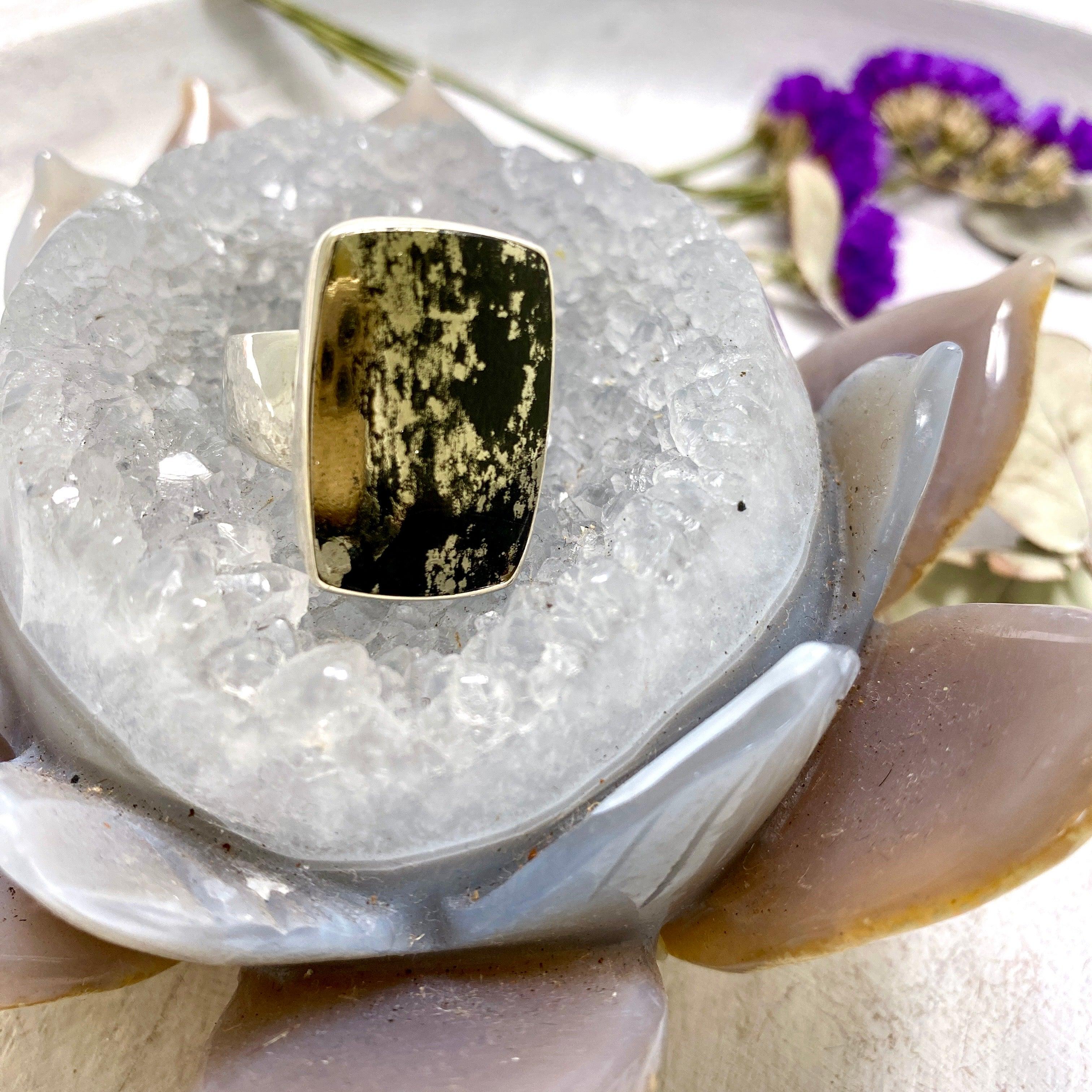 Healer's Gold (Pyrite in Magnetite) Rectangular Ring Size 11 - KRGJ2404 | Spiritual Jewelry for Energy Healing & Chakra Balancing