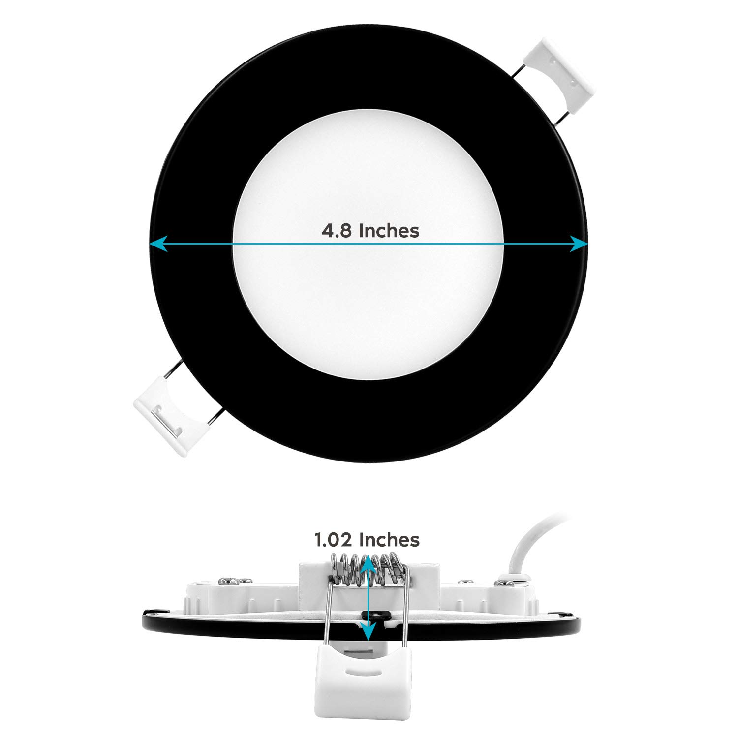 LUXRITE 4 Inch Ultra Thin LED Recessed Light with Junction Box - 10W Dimmable Wafer Lights, 5 Color Temperatures (2700K-5000K), 750 Lumens, Black Trim, Energy Star & IC Rated (4 Pack) - Perfect for Kitchen, Bathroom, Living Room & Bedroom Lighting