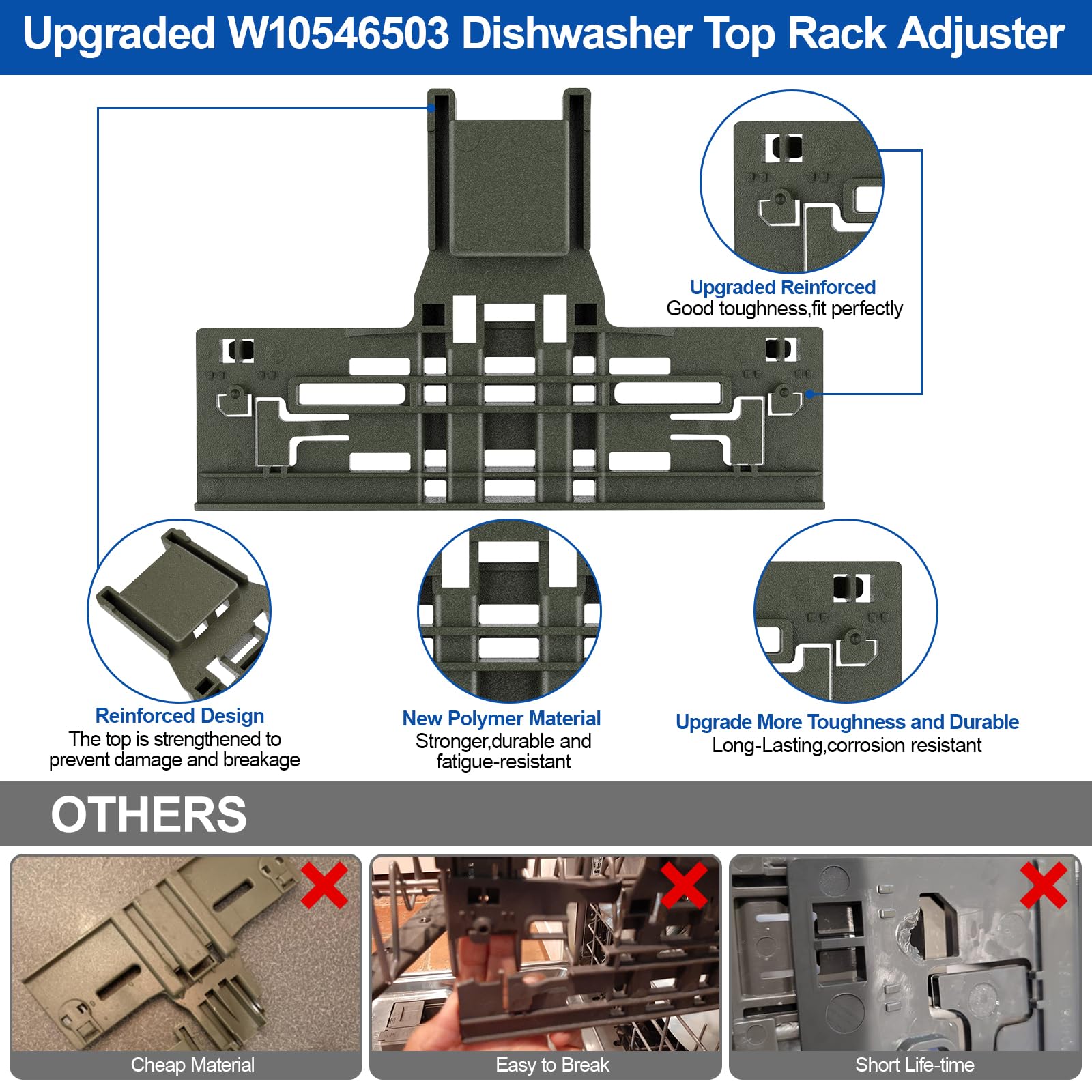 Upgraded W10546503 WPW10546503 Dishwasher Upper Rack Adjuster Replacement - Compatible with KitchenAid, Kenmore & Whirlpool Dishwashers (Replaces W10418314) - Perfect for Easy Dishwasher Top Rack Adjustment & Organization