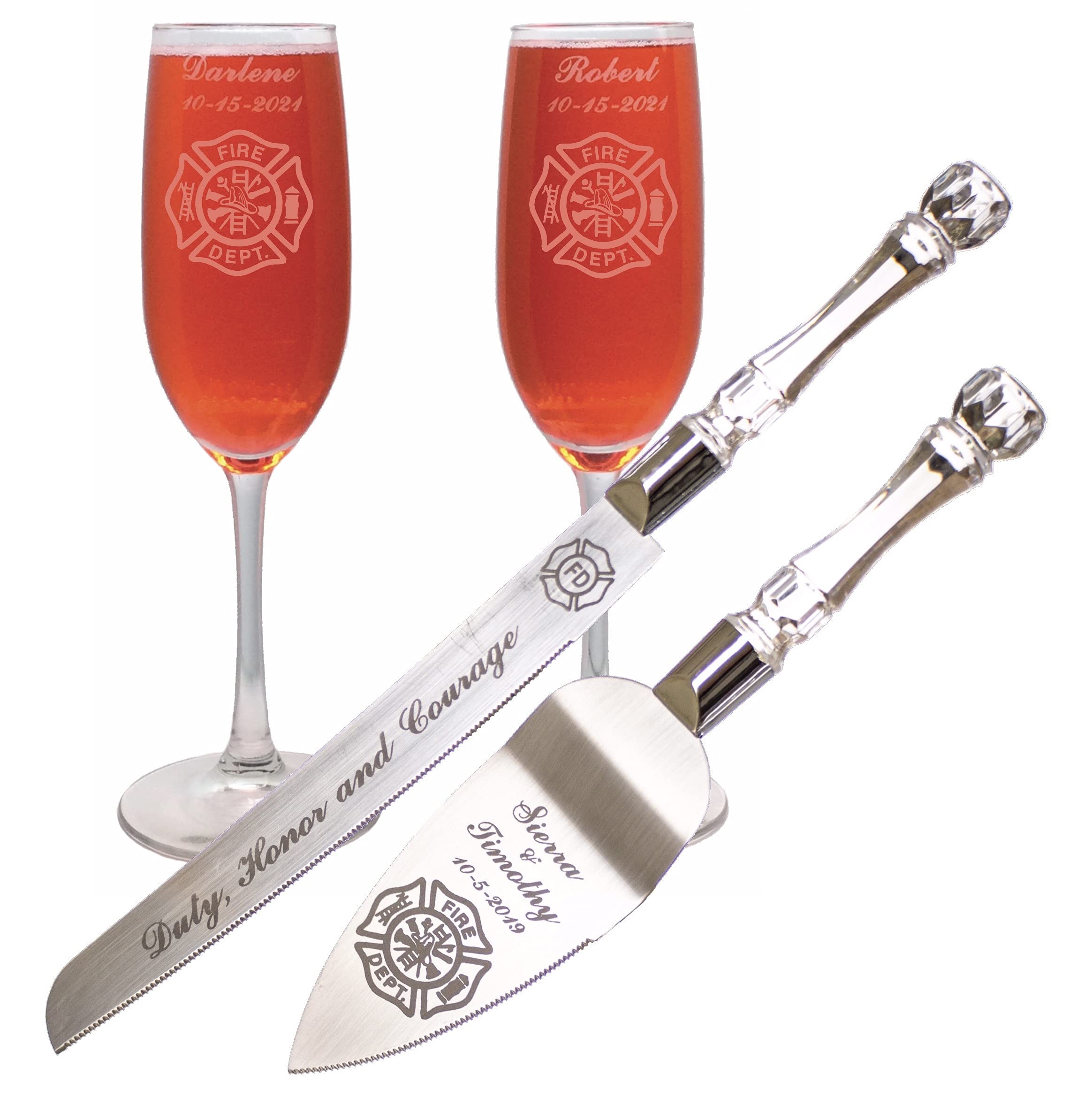 Personalized Firefighter Maltese Cross Wedding Flute Glasses & Cake Knife Set - Custom Engraved with Names & Date - Perfect for Firefighter-Themed Weddings, Anniversaries, and Retirement Celebrations