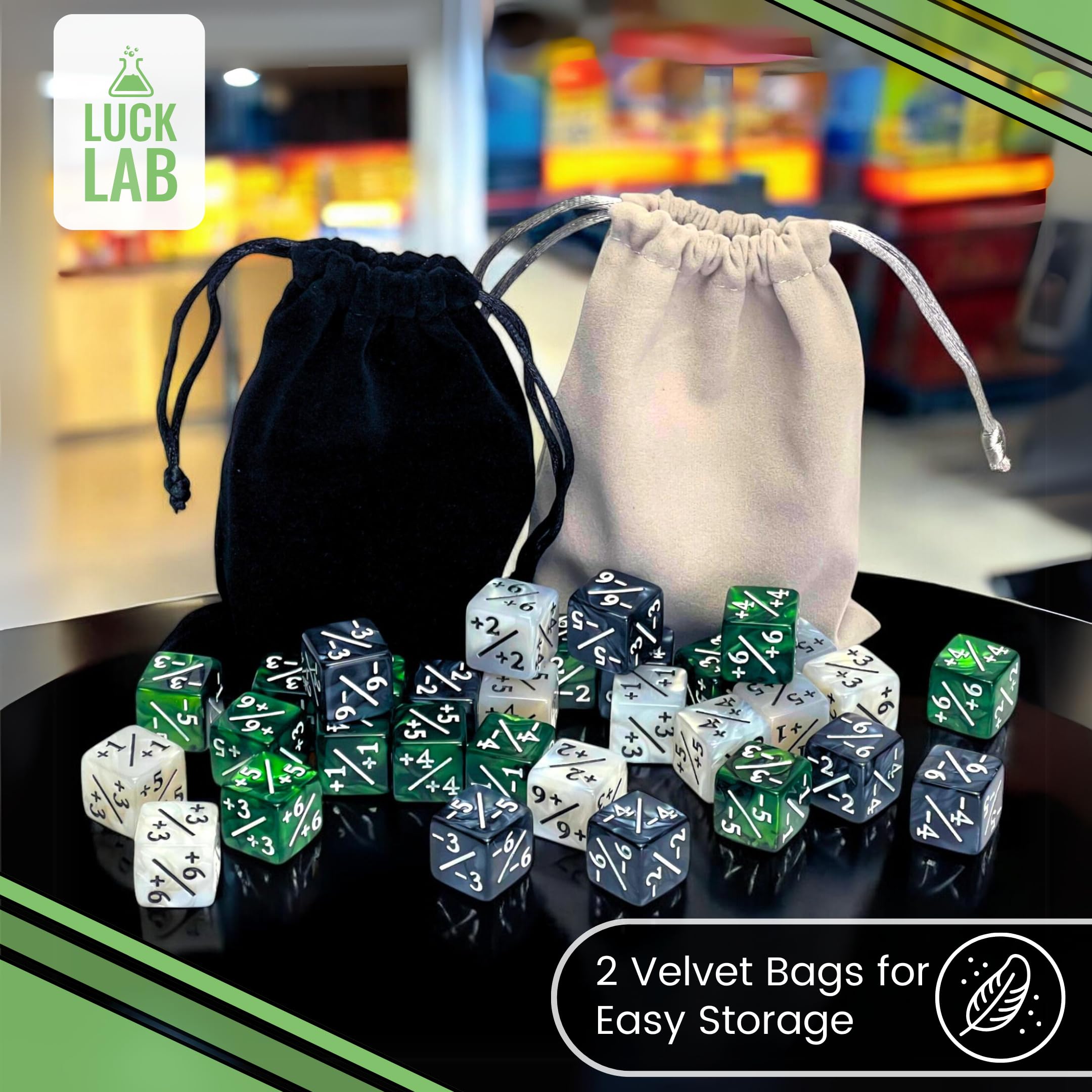 Luck Lab MTG Magic Life Counter Dice - 48 PCS for Magic The Gathering Card Game Accessories, CCG Creature Stats Tracker with 2 Dice Bags (Green Swirl, White Pearl, Black Pearl) - Perfect for MTG Tournaments, Commander Games & Tabletop RPGs