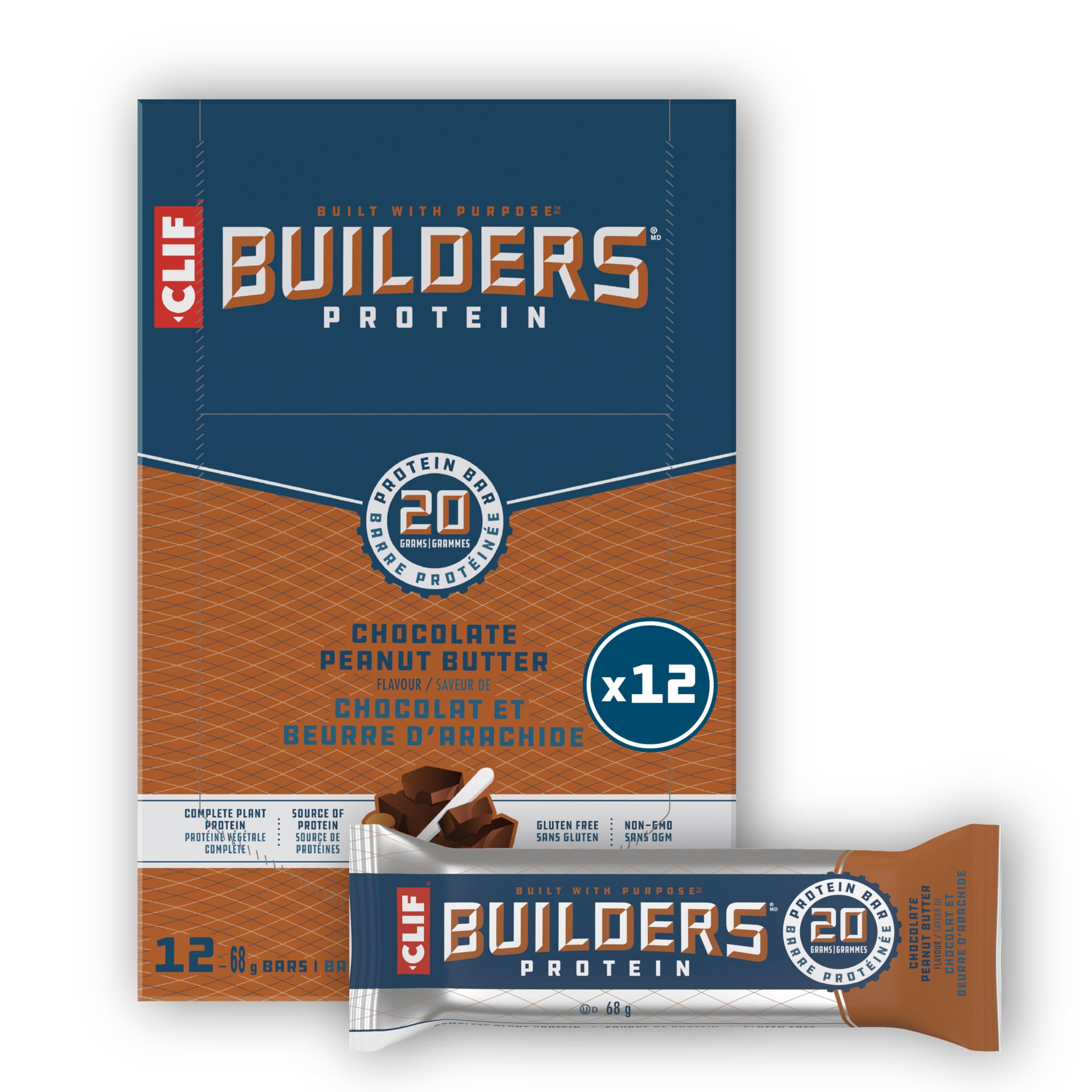 CLIF BUILDERS Protein Bars - Chocolate Peanut Butter Flavor, 20g Protein, Gluten Free, No Artificial Sweeteners, 68g (12 Pack) | High Protein Snack for Gym, Hiking & Post-Workout Recovery