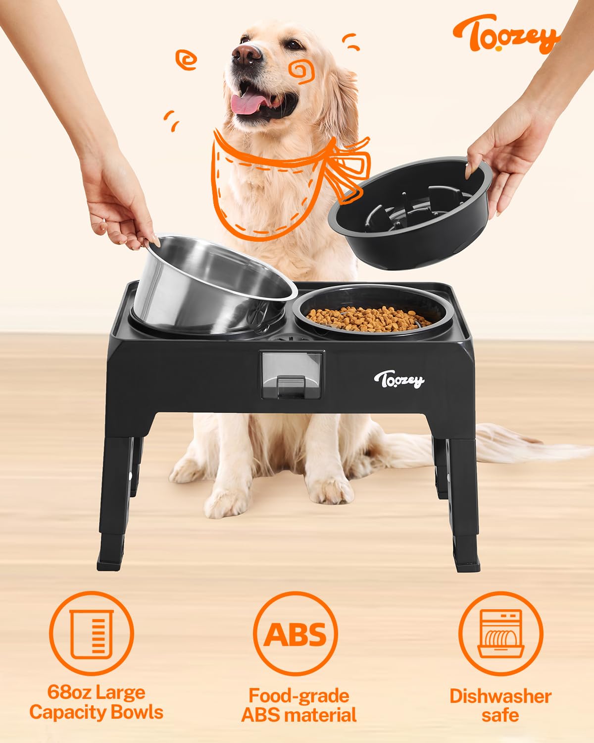 Toozey Elevated Dog Bowls Set - 2 Large 68oz Stainless Steel Bowls & 1 Slow Feeder - Adjustable Height (4 Levels) for Large, Medium & Small Dogs - Spill-Proof Design with Water Collection Tray - Perfect for Mealtime, Digestion & Mess-Free Feeding (Black)