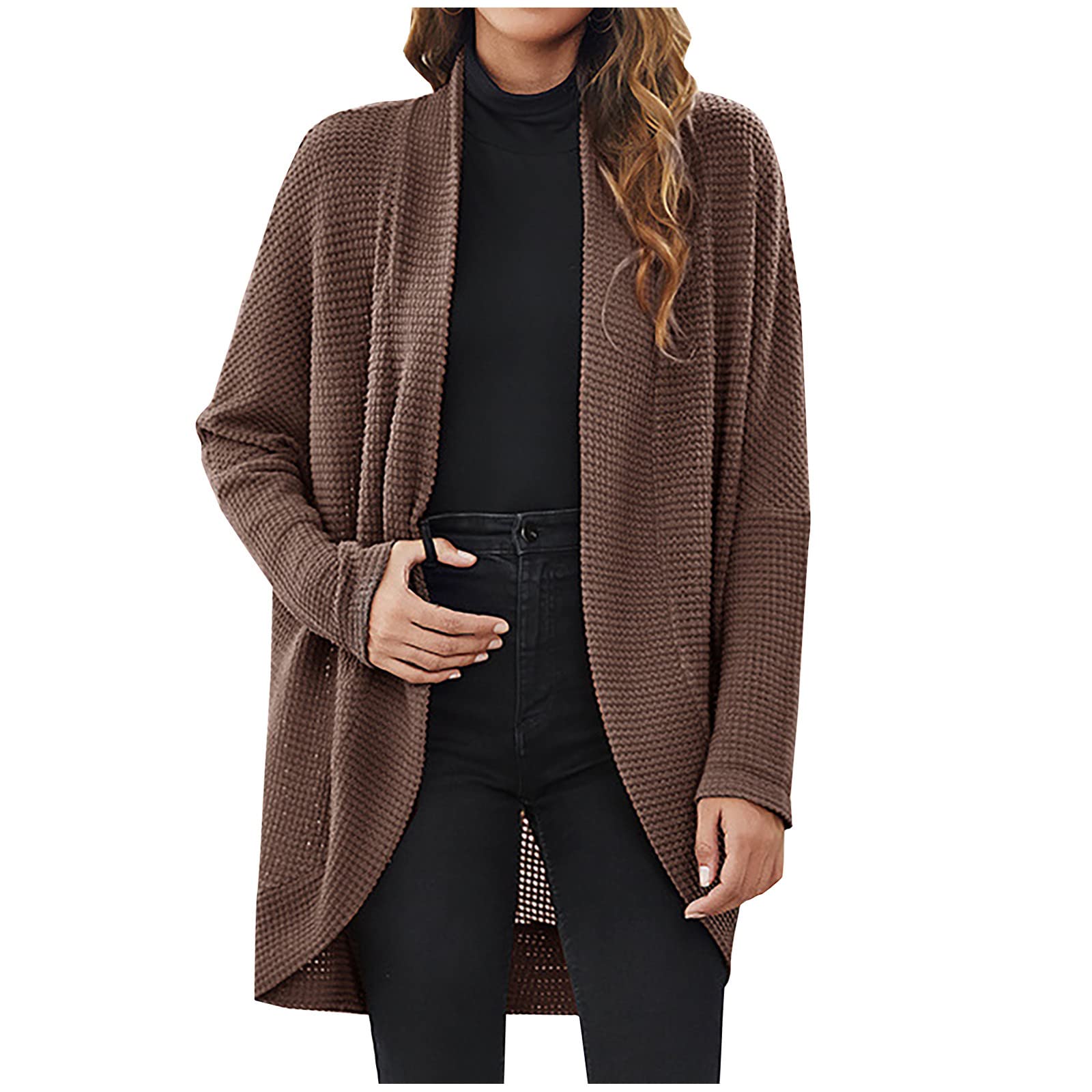 Women's Loose Open Front Long Sleeve Cardigan - Solid Color Waffle Knit Sweater Blouse - Casual Comfy Coat for Fall & Winter - Perfect for Office, Lounge & Outdoor Wear