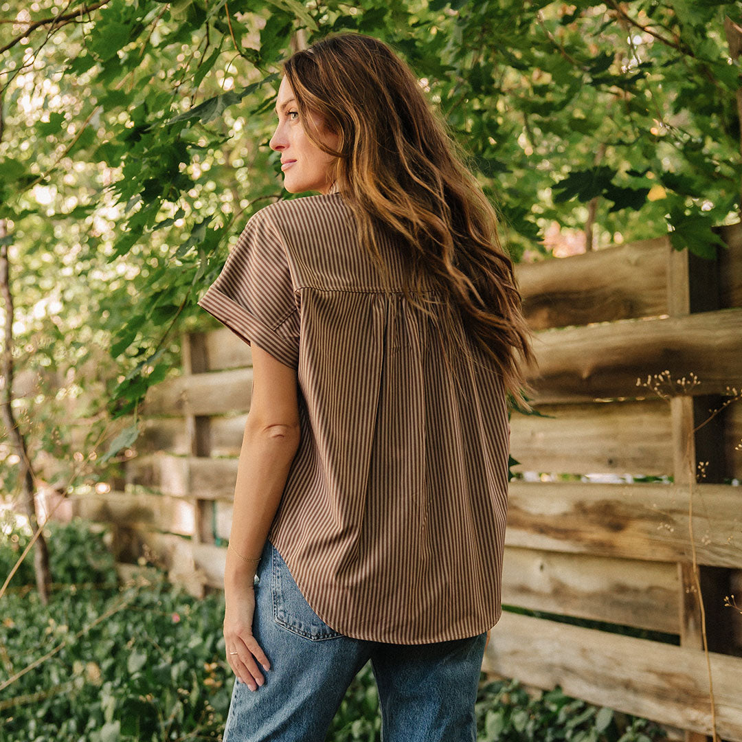 Women's Cinnamon Striped Button Down Blouse - Casual & Office Wear Shirt for Work, Date Night & Everyday Outfits