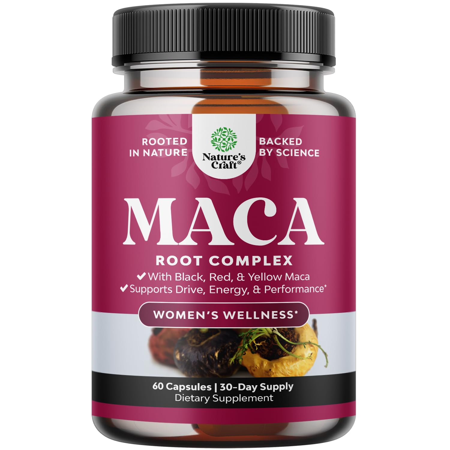 Organic Maca Root Capsules for Women - Natural Energy & Hormone Balance Supplement with Red, Yellow & Black Maca Blend - Non-GMO, Vegan, Gluten-Free, No Artificial Colors - 60 Count - Supports Libido, Fertility & Menopause Relief