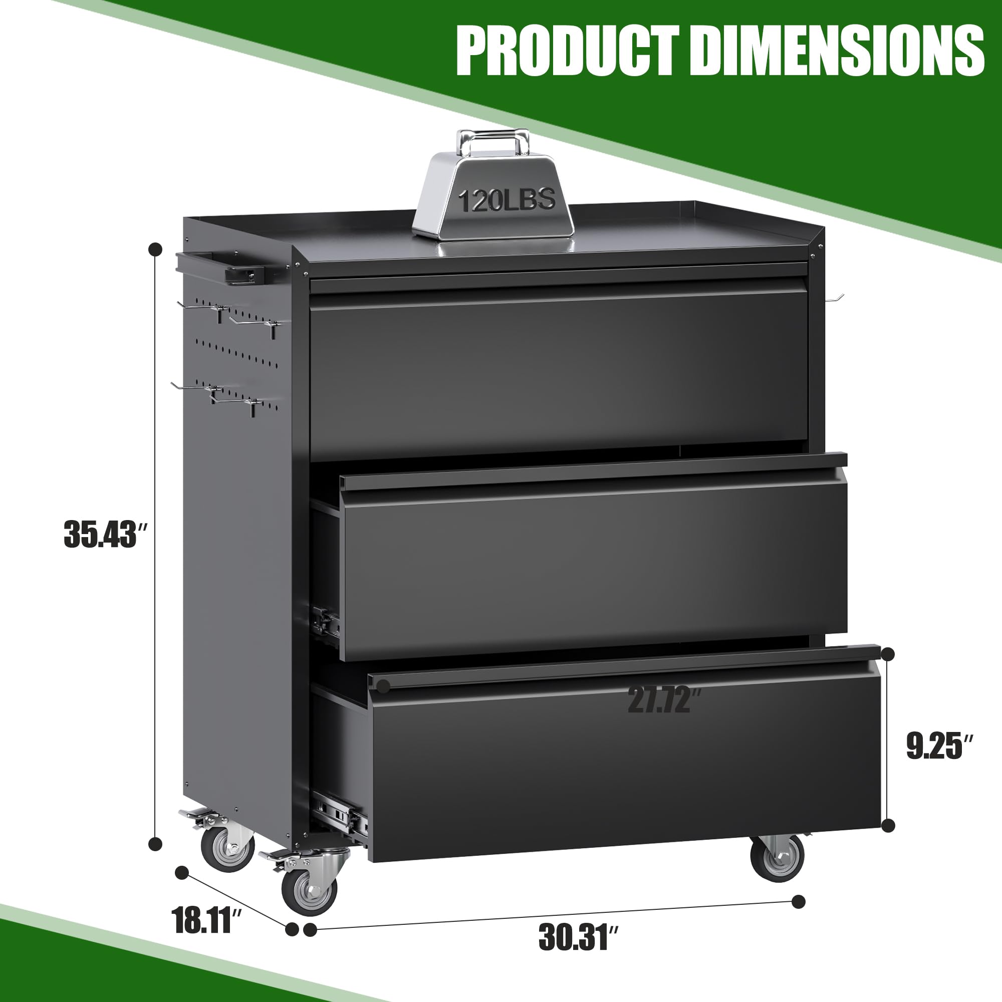 Black Metal Garage Storage Cabinet with Wheels & Pegboard - 3-Drawer Rolling Tool Organizer for Home, Workshop & Garage