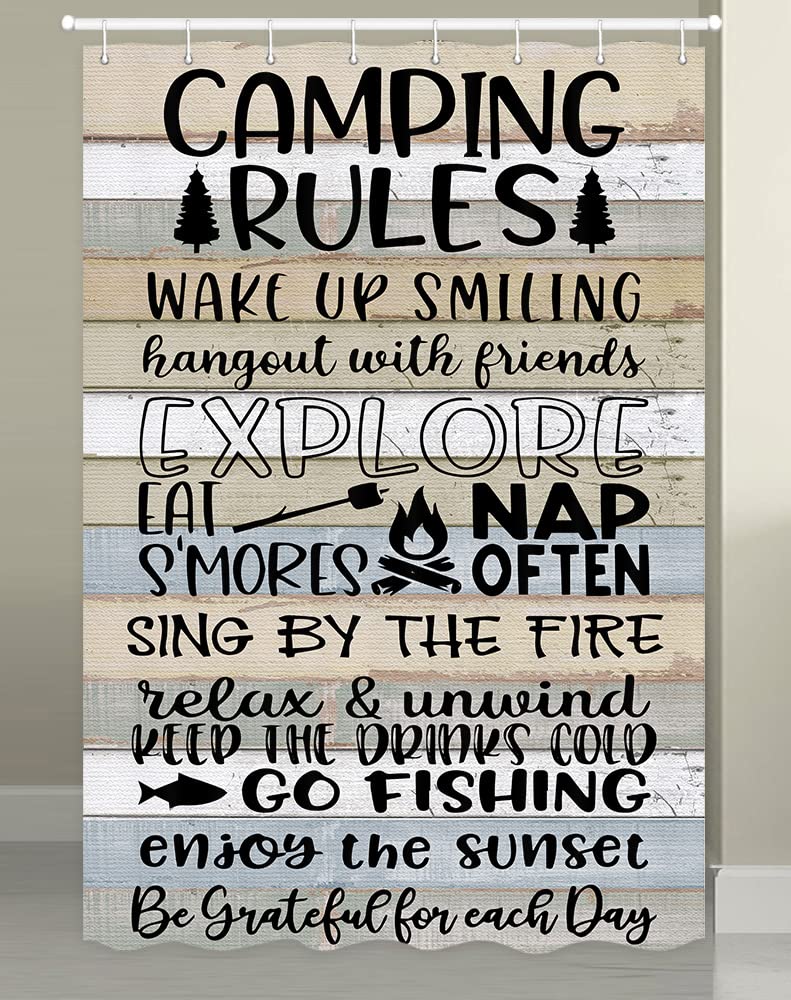 Happy Camper Rules RV Shower Curtain - Rustic Wood Board Farmhouse Motorhome Decor for Travel Trailers | Waterproof Fabric Bathroom Curtain 47x64 Inches | Perfect for Camping, RV Trips & Outdoor Adventures