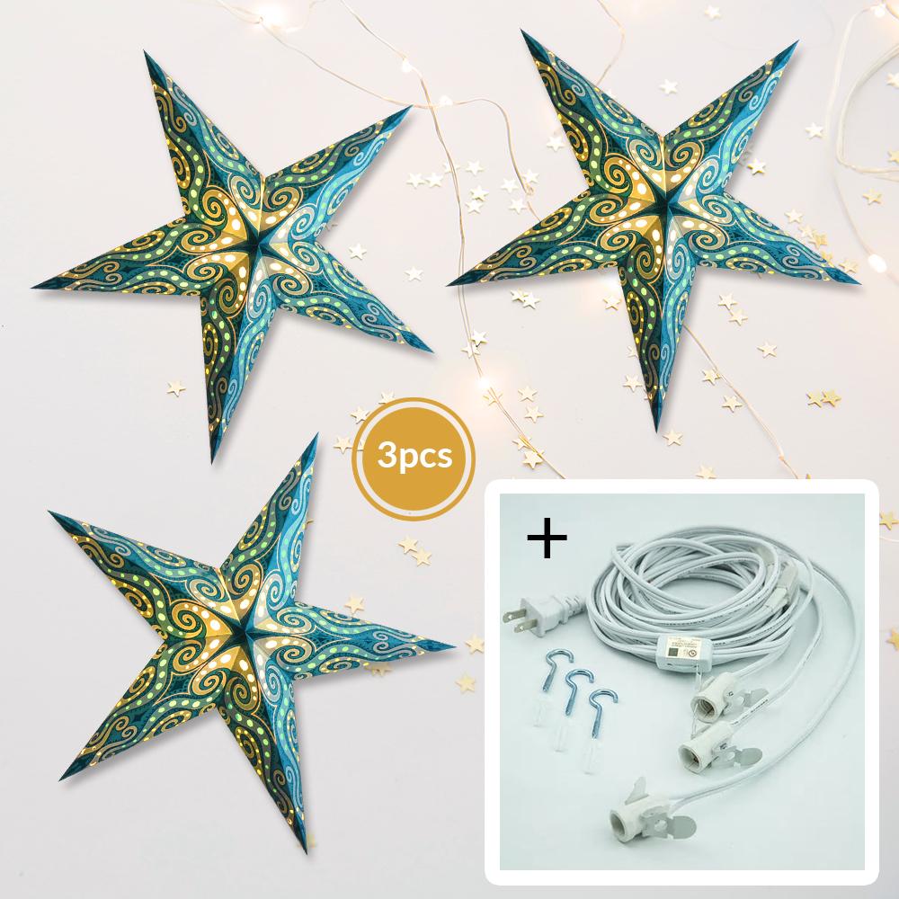 3 Pack Light Blue Mouri Glitter 24 Inch LED Star Lanterns with Bulbs & Cord - Decorative Party Lights for Bedroom, Wedding, Christmas & Indoor Outdoor Decor