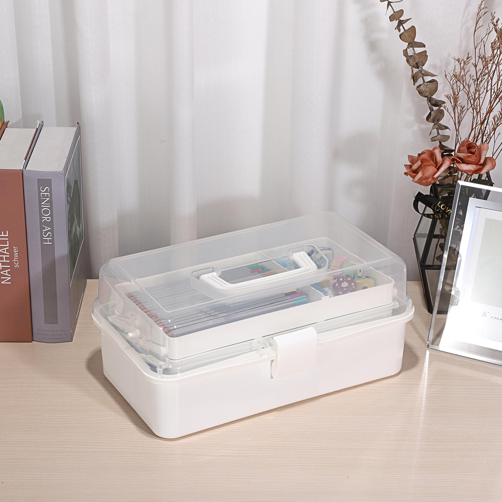 BTSKY 3-Layer Plastic Storage Box with Adjustable Dividers - Portable Craft Organizer for Art Supplies, Sewing Kits, Medicine & Home Organization (Beige White) | Perfect for Artists, Crafters & Home Storage Solutions