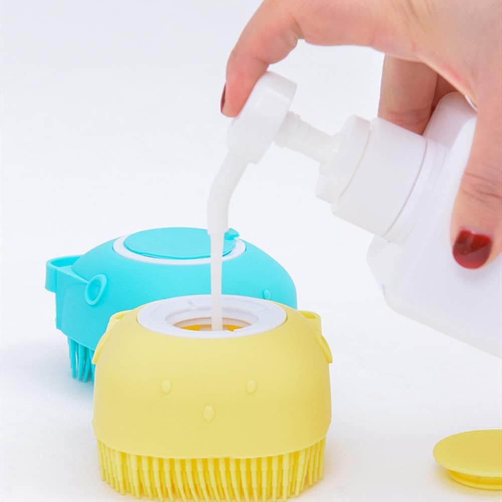 **YAWALL Soft Silicone Dog & Cat Bath Brush - Massage Grooming Brush with Shampoo Dispenser, Rubber Bristles for Gentle Cleaning - Heart Shape Blue - Perfect for Bath Time & Pet Spa Days**