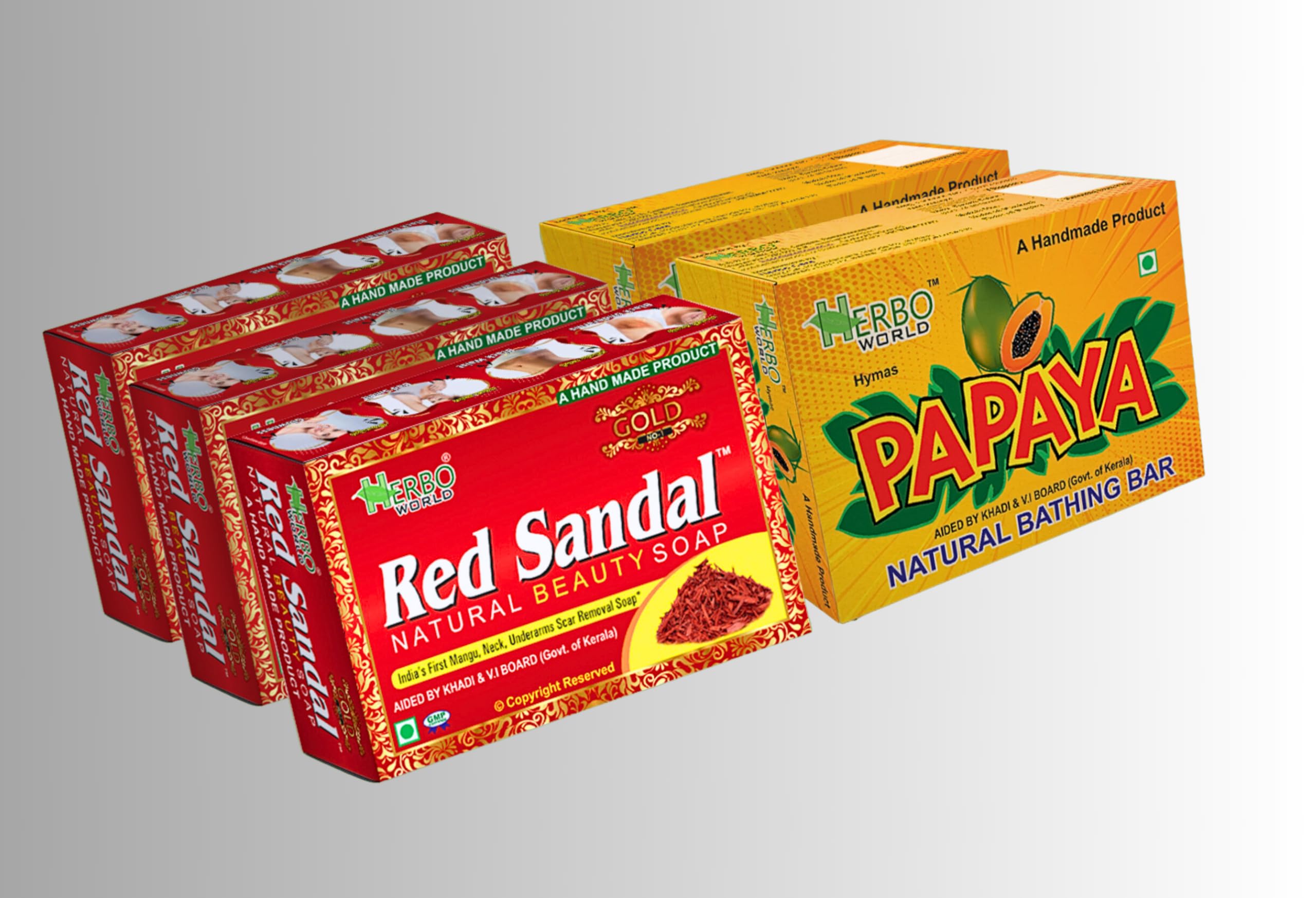 HERBOWORLD® Handmade Combo Pack - 3 Red Sandalwood Soaps & 2 Papaya Soaps (Now Fruit Salad Scent) | Natural Skincare for Face & Body | Perfect for Dry Skin, Acne Treatment & Daily Cleansing Routine