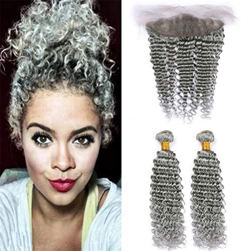 Zara Hair Deep Curly Gray Brazilian Human Hair Weave Extensions - 2 Bundles with 13x4 Lace Frontal Closure | Pure Gray Deep Wave Hair for Natural Look | Perfect for Daily Wear, Parties & Special Occasions
