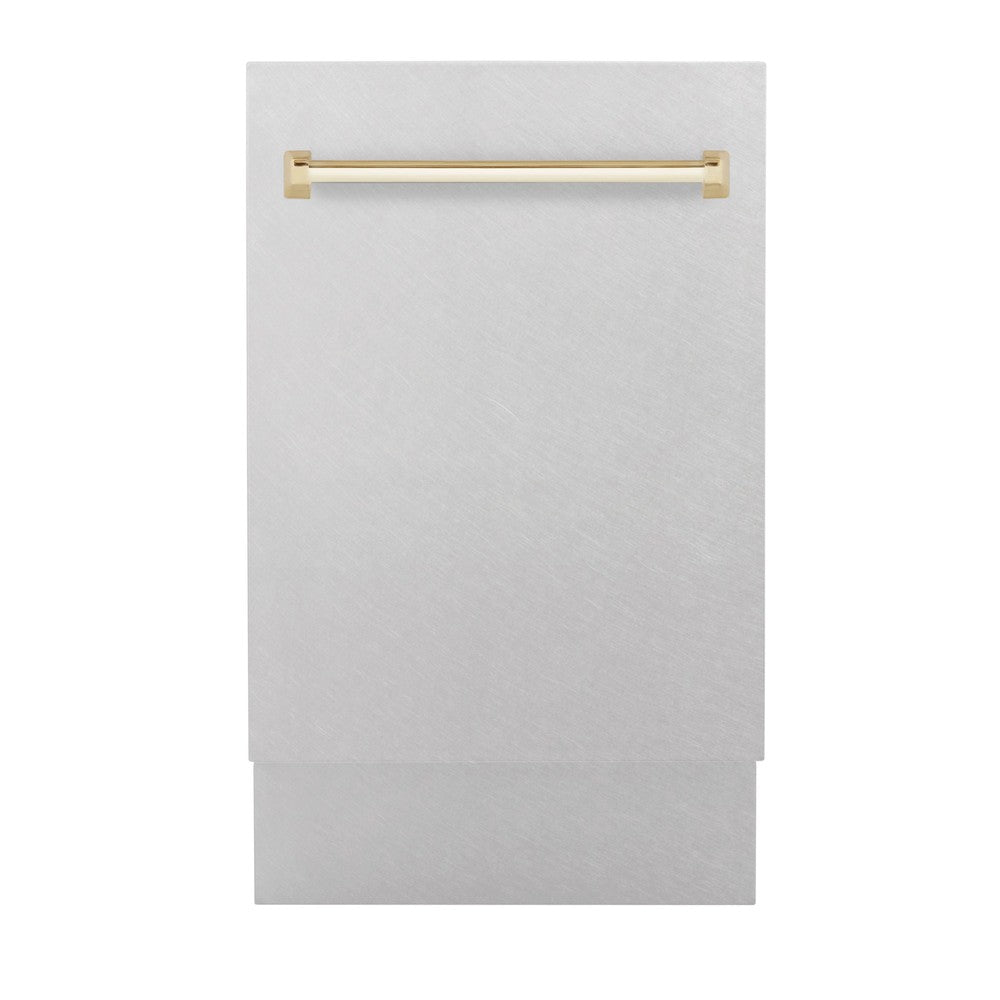 ZLINE Autograph Edition 18-inch Built-In Dishwasher with 3rd Rack - Satin Stainless Steel Panel & Polished Gold Handle - 51dBa Quiet Operation - Perfect for Modern Kitchens and Open-Concept Homes (DWVZ SN 18 G)