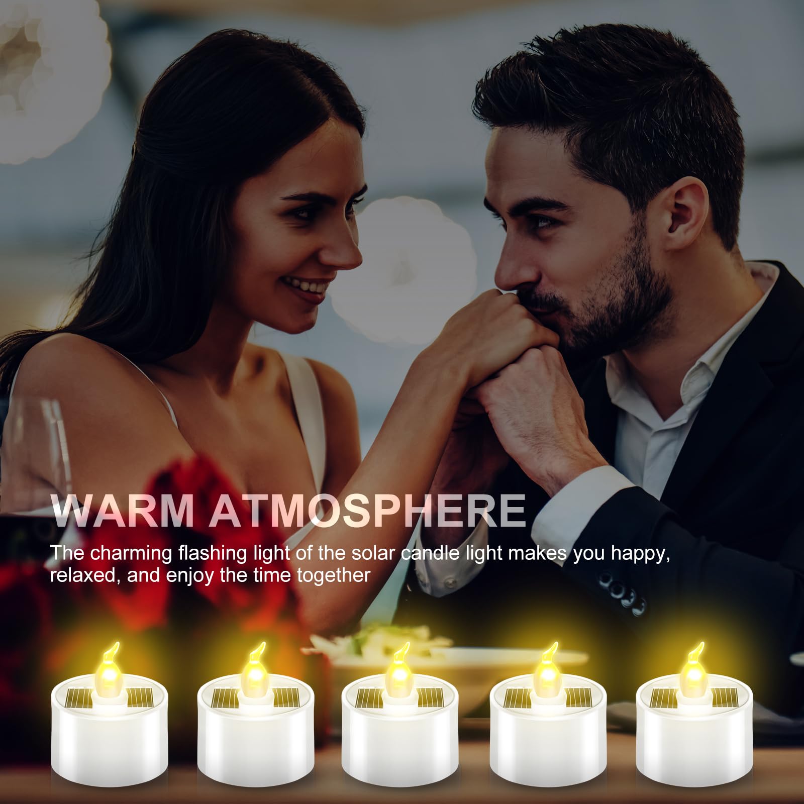 Hortsun 6-Pack Solar Powered LED Tea Lights - Waterproof Flameless Candles with Flickering Flame Effect & Light Sensor - Rechargeable Outdoor Decor for Garden, Patio, Wedding, Party & Home Decoration