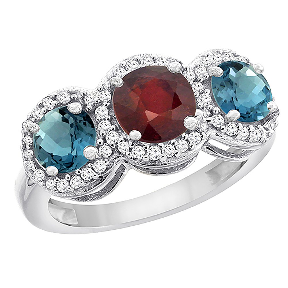 14K White Gold Ruby & London Blue Topaz Three Stone Ring with Diamond Accents - Size 5-10 | Elegant Engagement, Anniversary & Special Occasion Jewelry Gift for Women