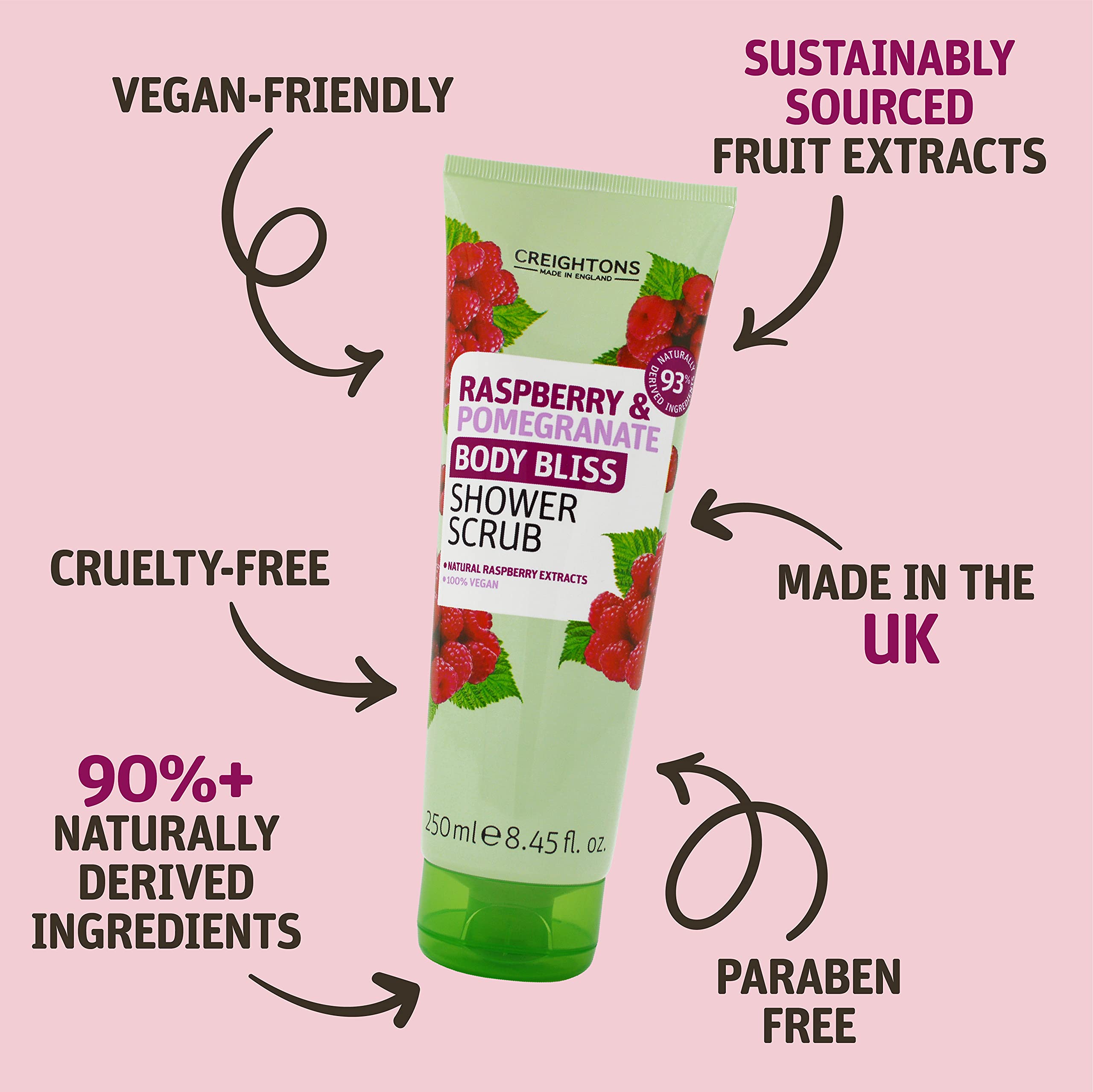 Creightons Body Bliss Raspberry & Pomegranate Bath & Shower Set - 250ml Exfoliating Scrub & 500ml Hydrating Gel | Vegan, Cruelty-Free, 90% Natural Ingredients | Perfect for Spa Day & Relaxing Self-Care Routine
