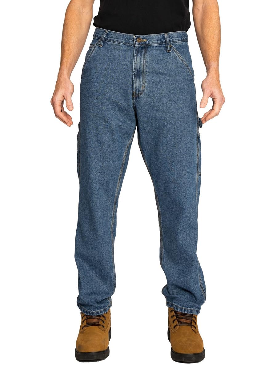FULL BLUE Men's Carpenter Denim Jeans - Relaxed Loose Fit with Utility Pockets & Hammer Loop - Light Washed Vintage Workwear for Construction, DIY Projects & Casual Wear