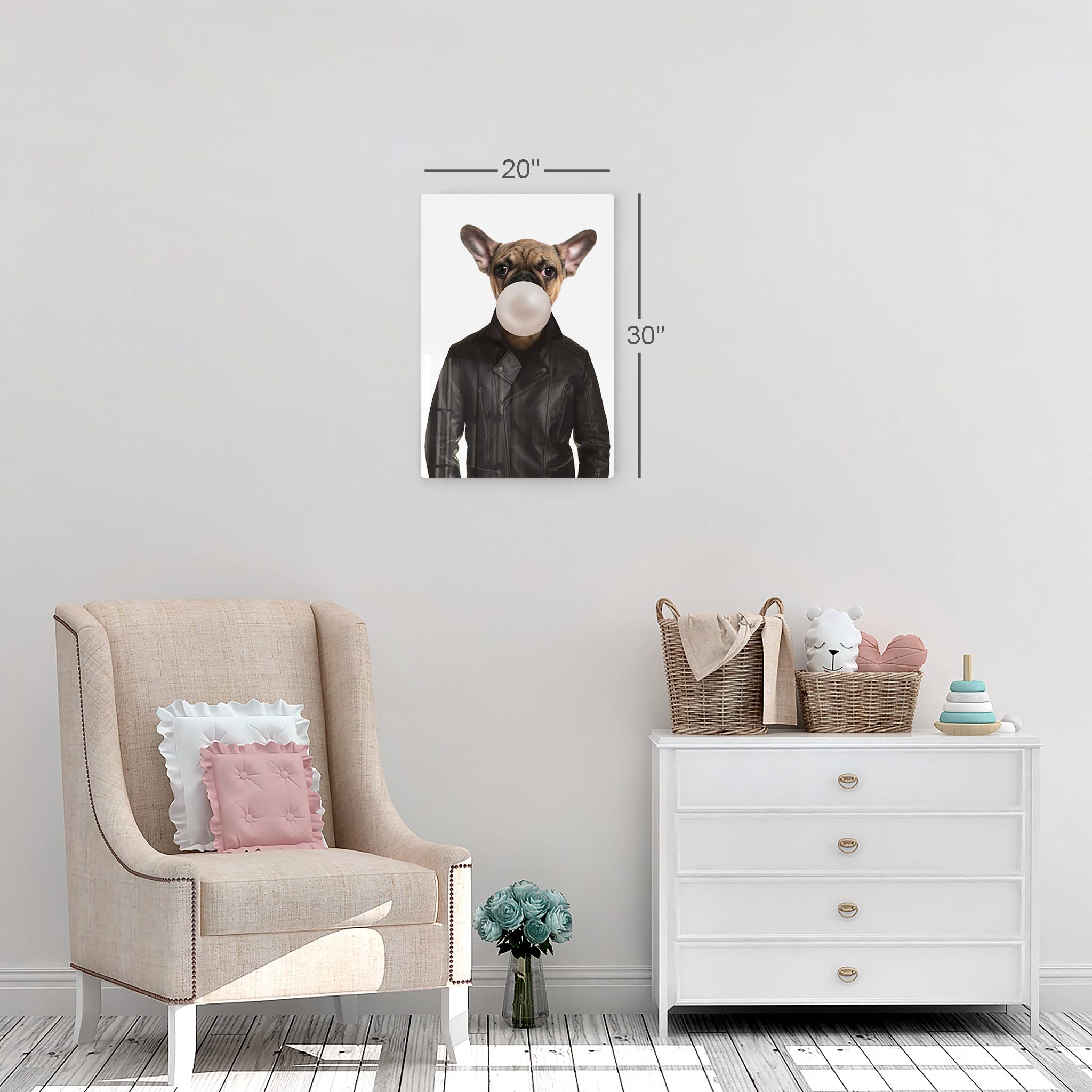 French Bulldog Portrait in Leather Jacket Chewing Bubble Gum - Metal Wall Art Print for Pet Lovers, Dog Decor for Living Room, Bedroom, Nursery & Kids Room - 36x24 Inches - Perfect Gift for Animal Lovers & Home Decor Enthusiasts