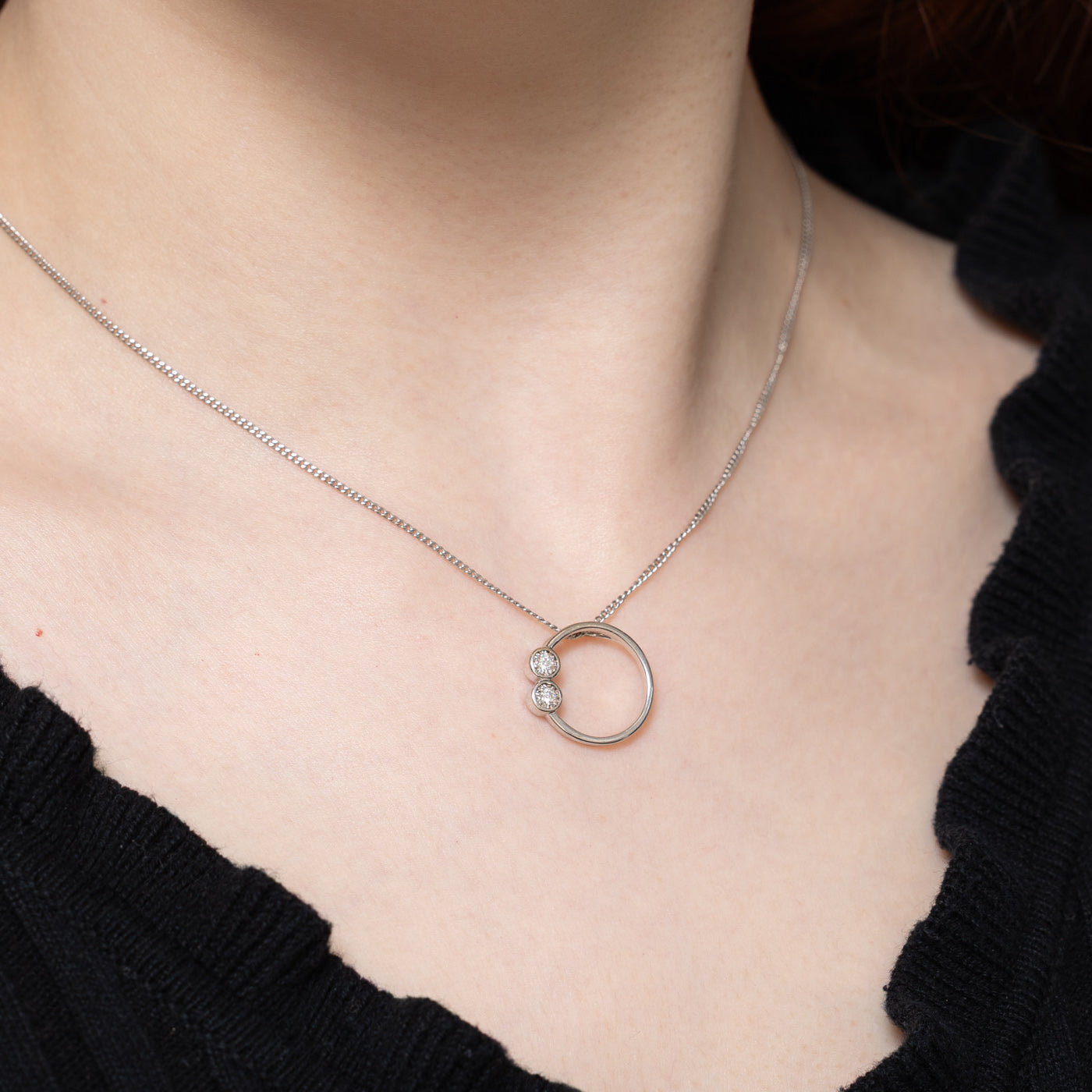 0.06ctw Two Stone Diamond Open Circle Pendant Necklace - Elegant Minimalist Jewelry for Women, Perfect for Everyday Wear & Special Occasions
