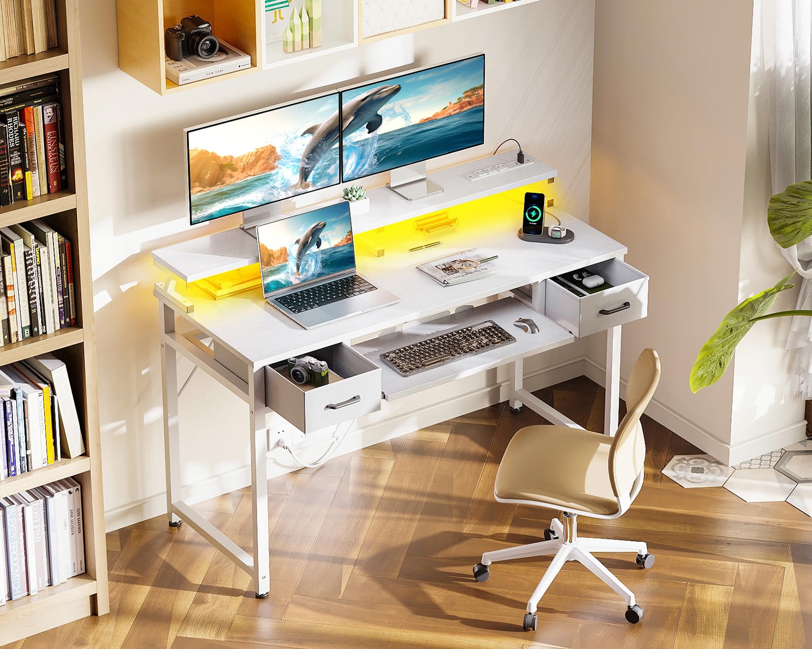 ODK 48 Inch Gaming Desk with LED Lights & Power Outlet - Ergonomic Computer Desk with Drawers, Keyboard Tray & Monitor Stand - Home Office Workstation for PC Gaming & Remote Work (White) - Perfect for Small Spaces & Streaming Setups