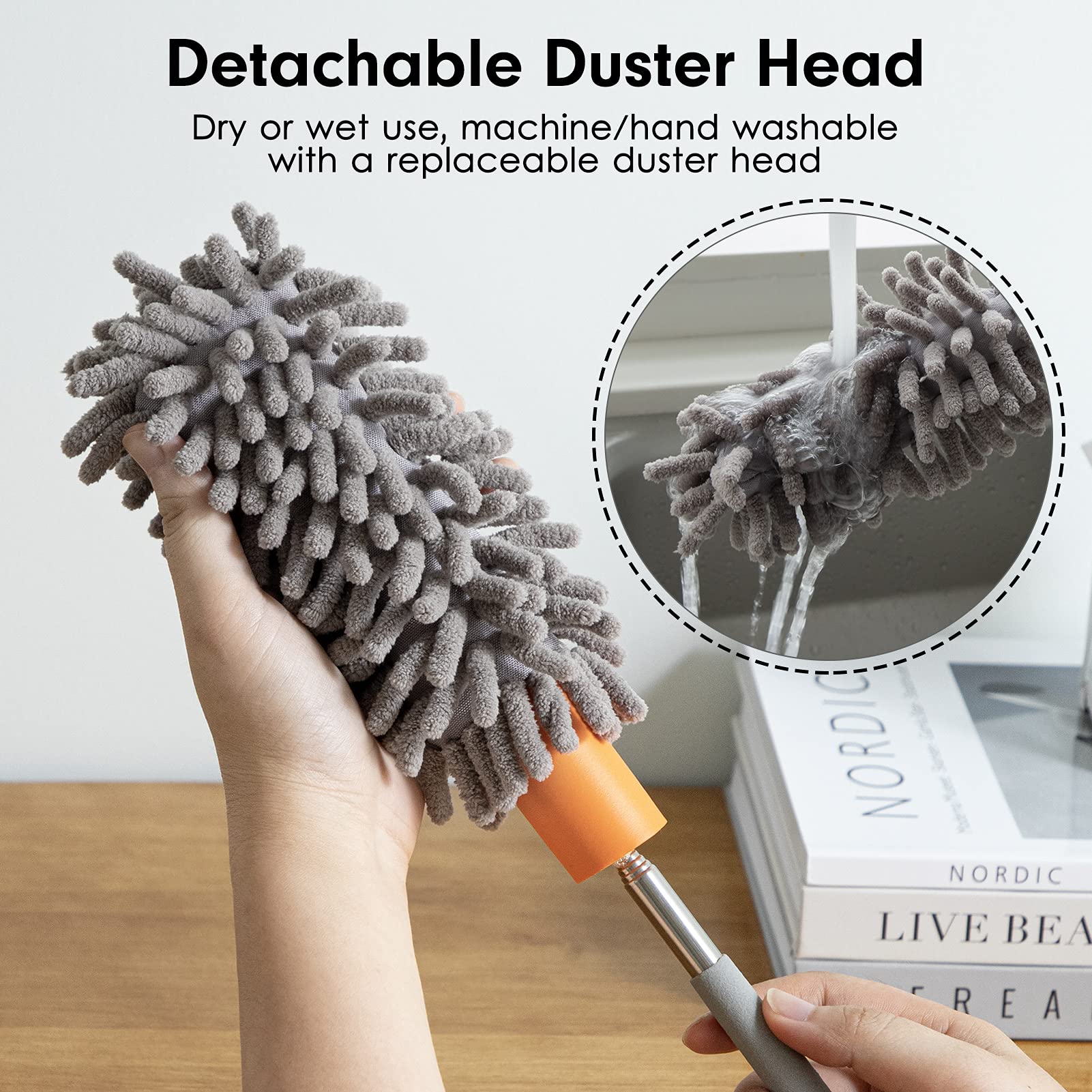 Tukuos Microfiber Duster - Extendable Pole with 2 Washable & Replaceable Heads, Detachable Brush for Dusting Office, Car, Windows, Furniture & Ceiling Fans | Perfect for Home Cleaning & Hard-to-Reach Areas