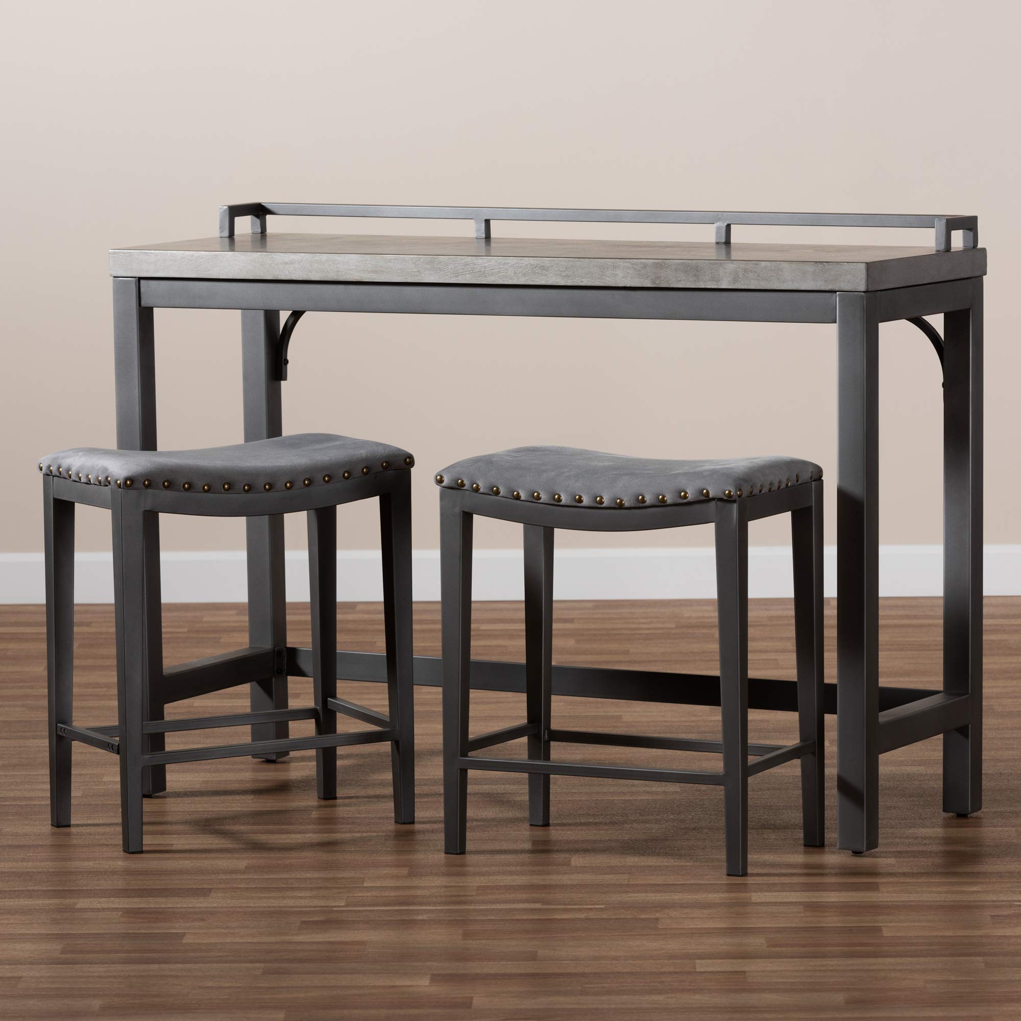 Baxton Studio Pub Table Set with 2 Stools - Modern Grey Bar Height Dining Set for Kitchen, Patio & Small Spaces