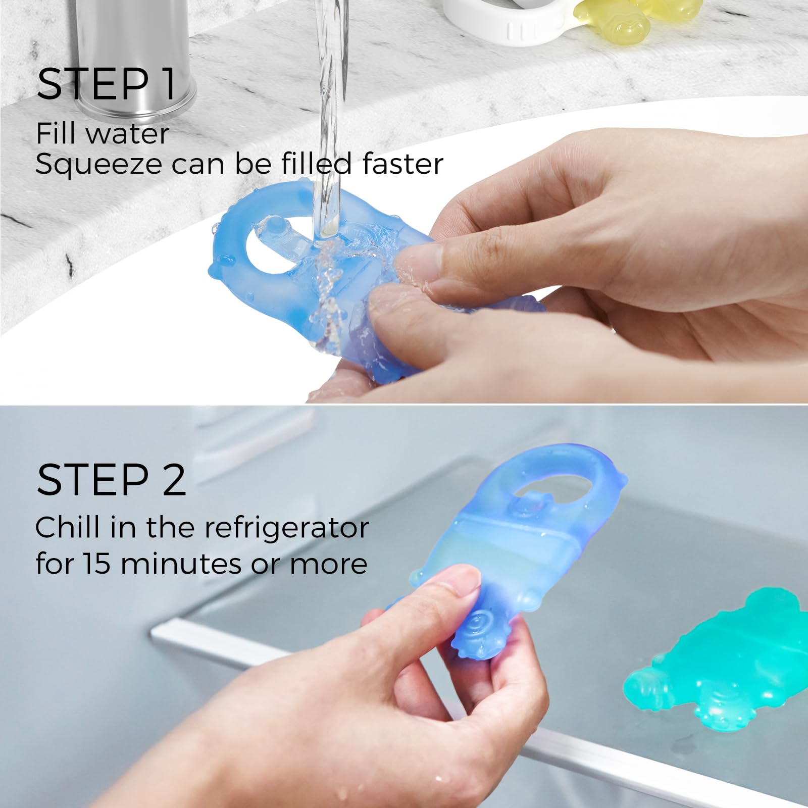Momcozy Baby Teether Toys for 0-12 Months - Water Fillable Silicone Cold Teether for Teething Relief - BPA-Free Infant Chew Toys (Blue & Yellow, 2-Pack) - Perfect for Soothing Sore Gums at Home or On-the-Go