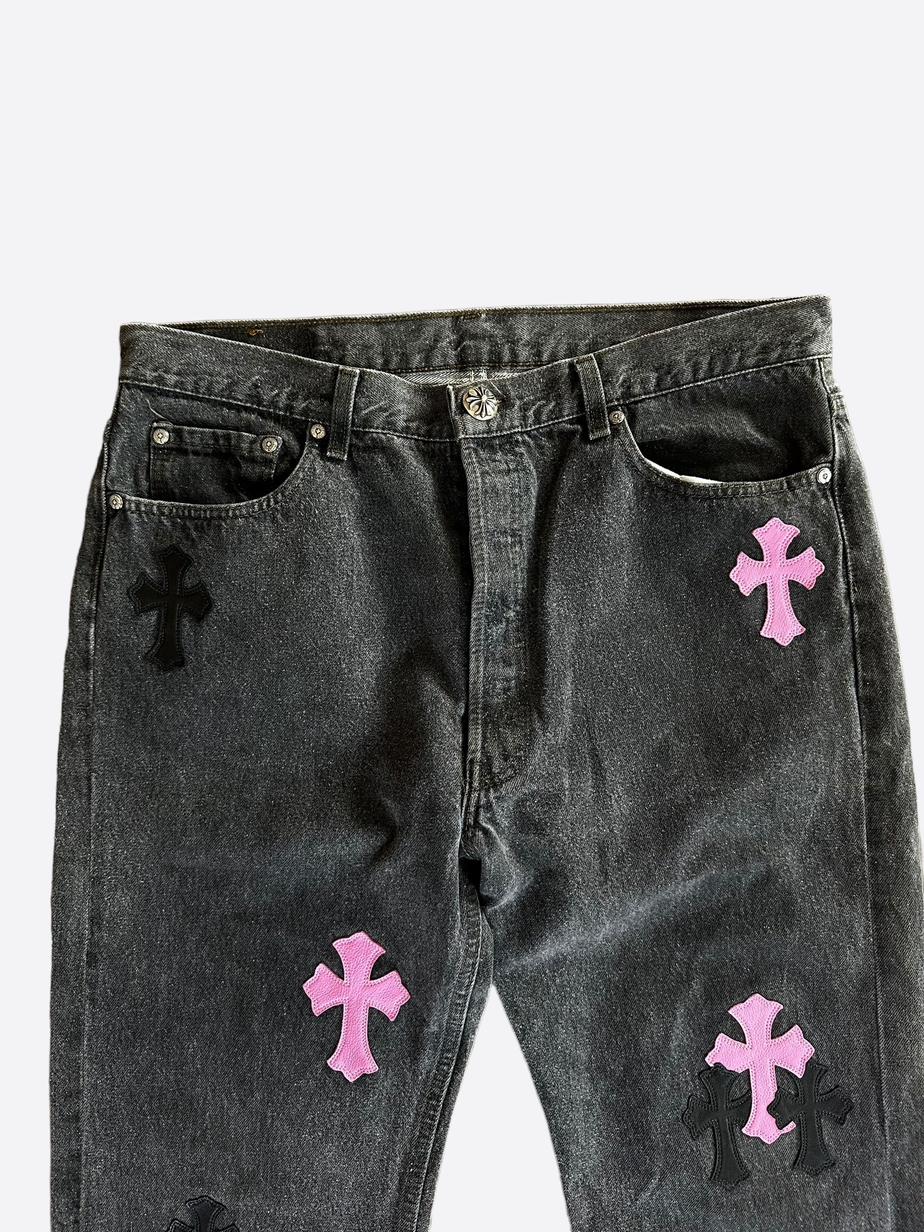 Chrome Hearts x Levi's Grey & Pink Hong Kong Patch Distressed Jeans for Men & Women | Vintage Denim Pants with Unique Embroidery - Perfect for Streetwear & Casual Outfits