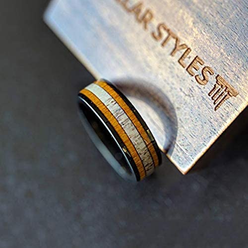 8mm Black Tungsten Whiskey Barrel Wedding Band for Men - Unique Deer Antler & Bourbon Barrel Wood Ring - Durable Anniversary Gift for Him - Perfect for Weddings, Engagements & Special Occasions