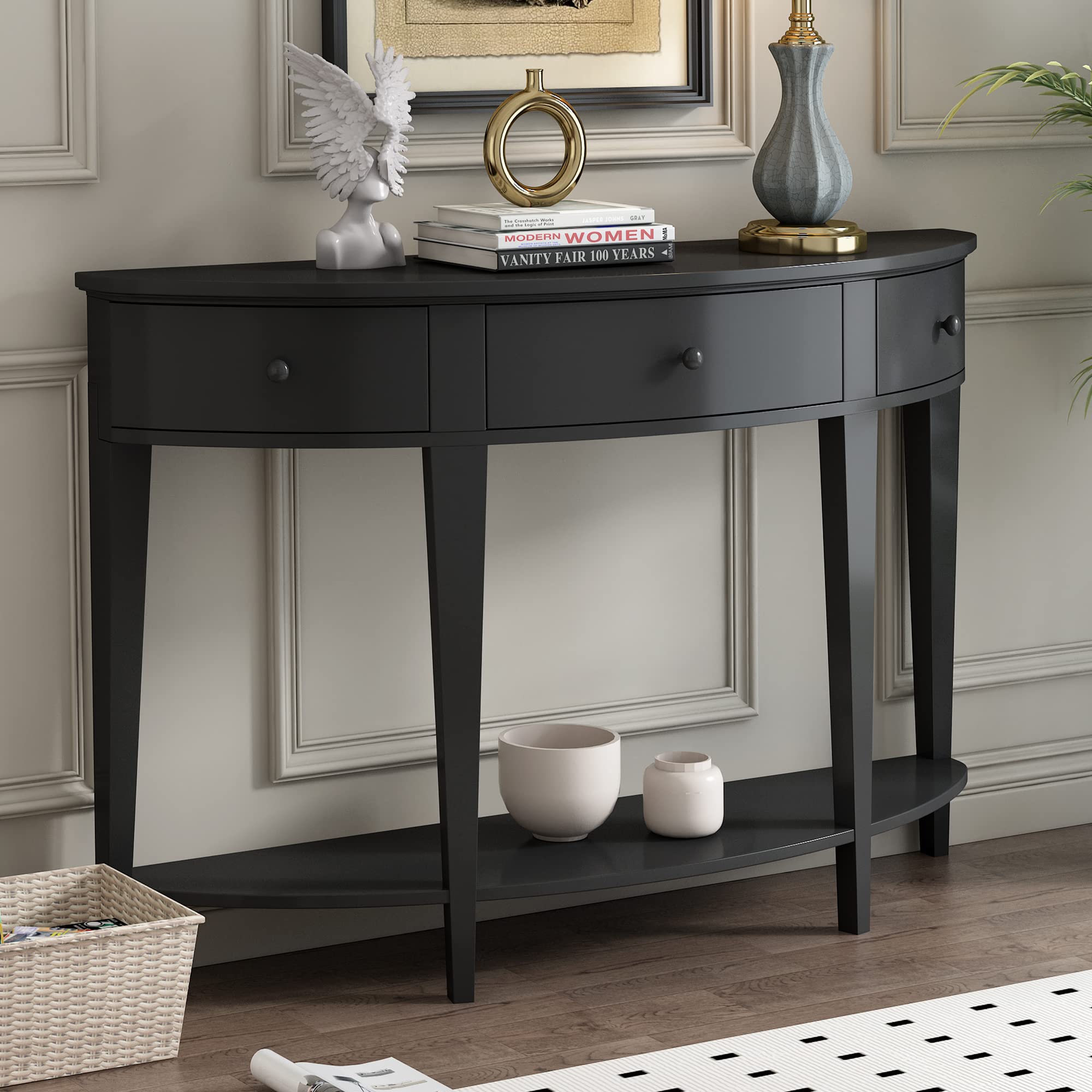 Modern Curved Console Table with Drawer - Solid Wood Entryway Table with Open Shelf for Hallway, Living Room & Foyer - Stylish Black Sofa Table for Home Decor & Small Space Organization