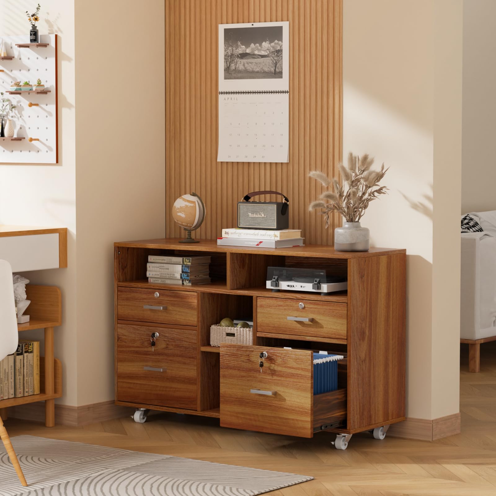 VINGLI 4-Drawer Wood Lateral File Cabinet with Lock & Open Shelves - Lockable Rolling Office Storage for Letter Size Files, Home Office Organization, Printer Stand (Walnut Finish) - Perfect for Home Office, Study Room & Workspace Storage