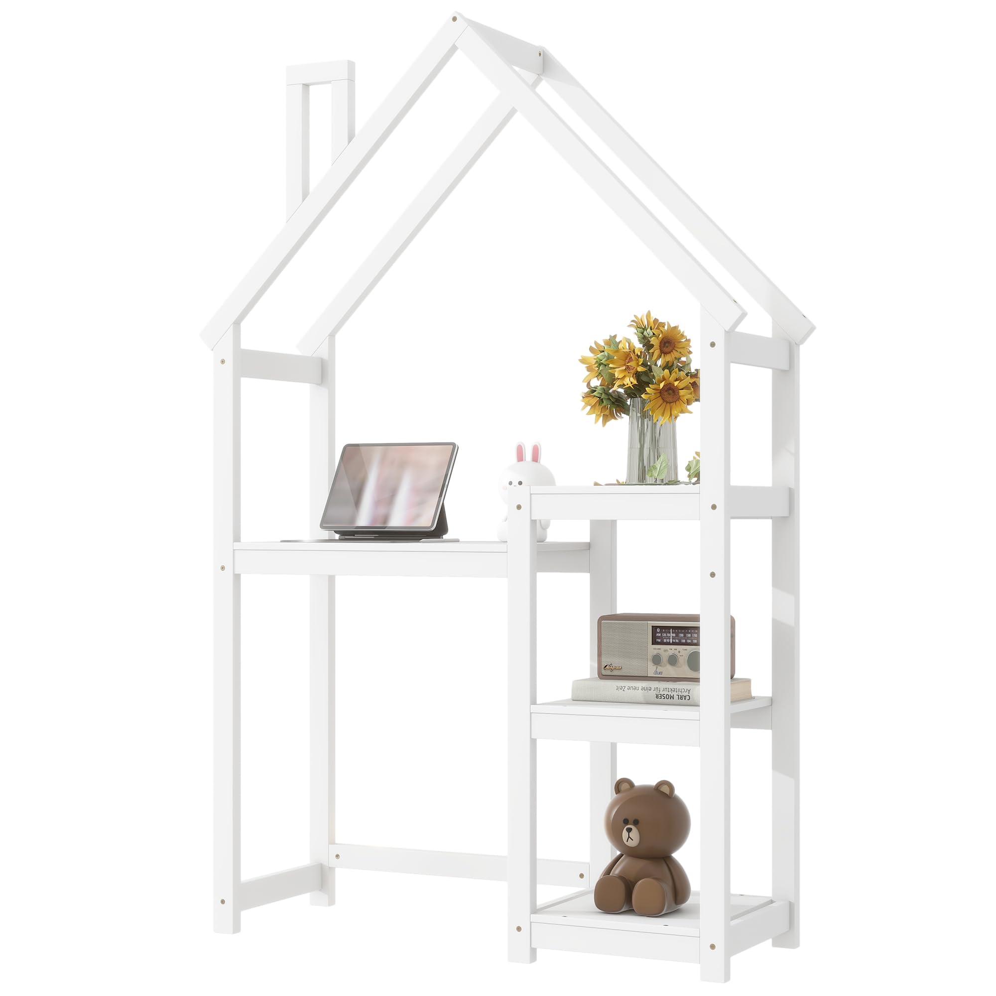 Kids Wooden House-Shaped Writing Desk - Multi-Functional Study Table with 3-Tier Storage Shelves, Open Bookshelf & Toy Organizer - Perfect for Bedroom, Playroom & Homeschooling (White)