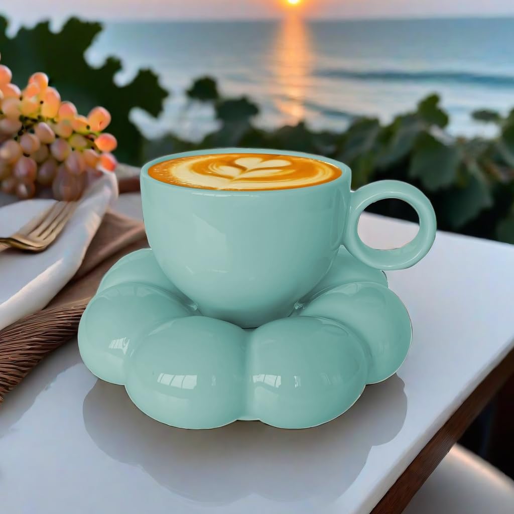 ARISKEY 6.5oz Cute Coffee Mug Set for Women - Teal Blue Tea Cup with Saucer & Spoon (200ml) | Microwave & Dishwasher Safe | Perfect for Latte, Milk, Tea & Office/Home Use