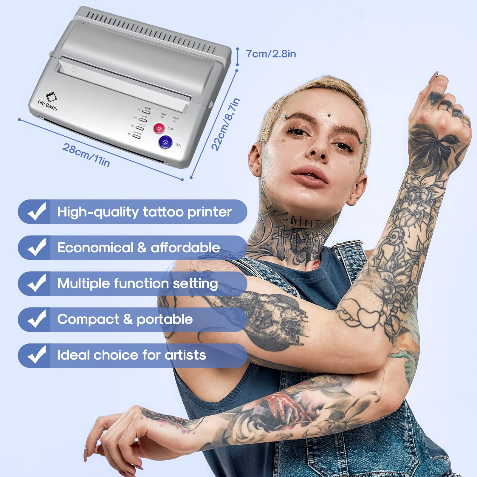 Professional Thermal Tattoo Stencil Printer Machine Kit - LifeBasis Tattoo Transfer Stencil Maker with 20 Sheets Transfer Paper for Tattoo Artists & Beginners - Perfect for Home Studios & Professional Tattoo Shops
