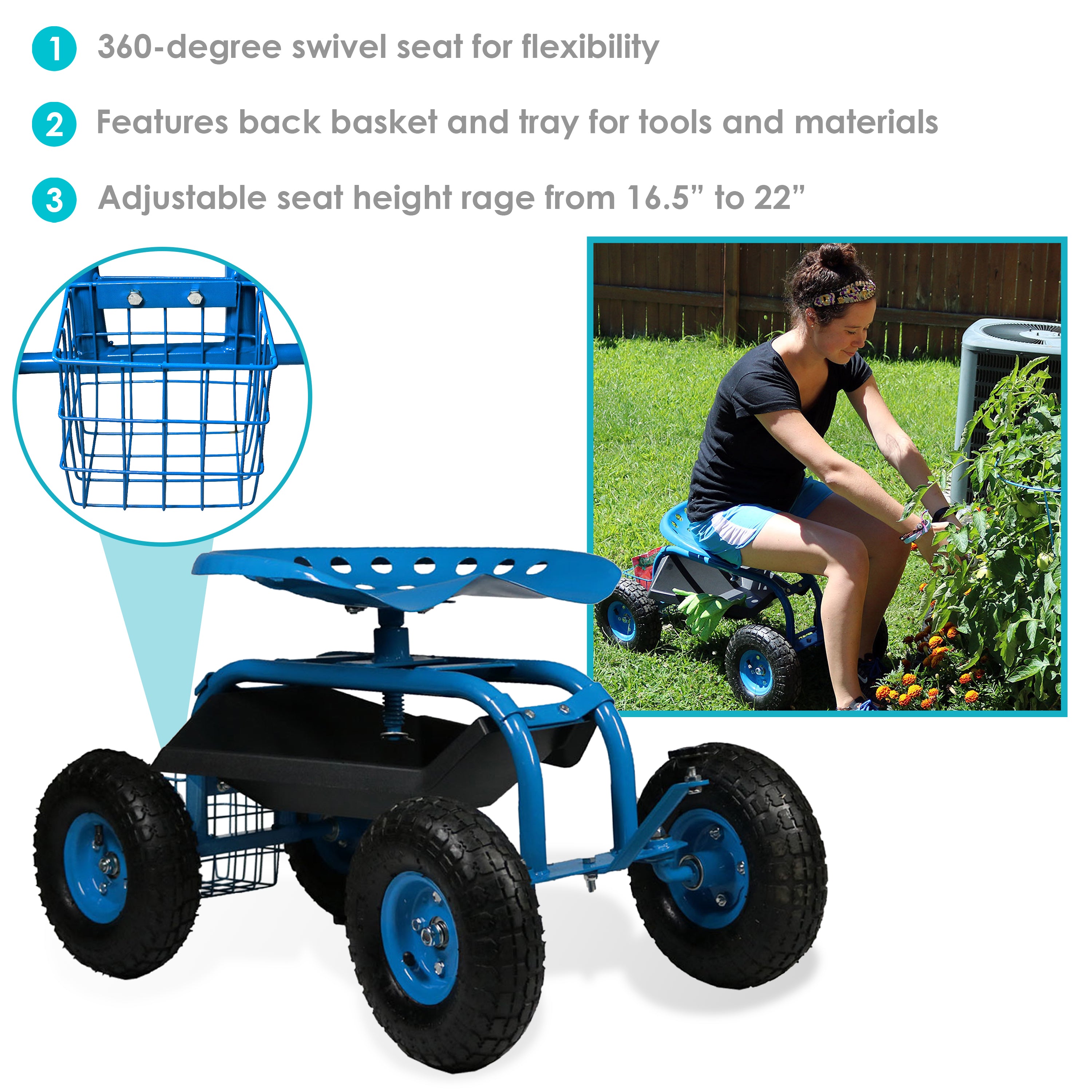 Sunnydaze Heavy Duty Rolling Garden Cart with Work Seat & Steering Handle - Outdoor Yard Utility Wagon for Gardening, Landscaping & Home Projects