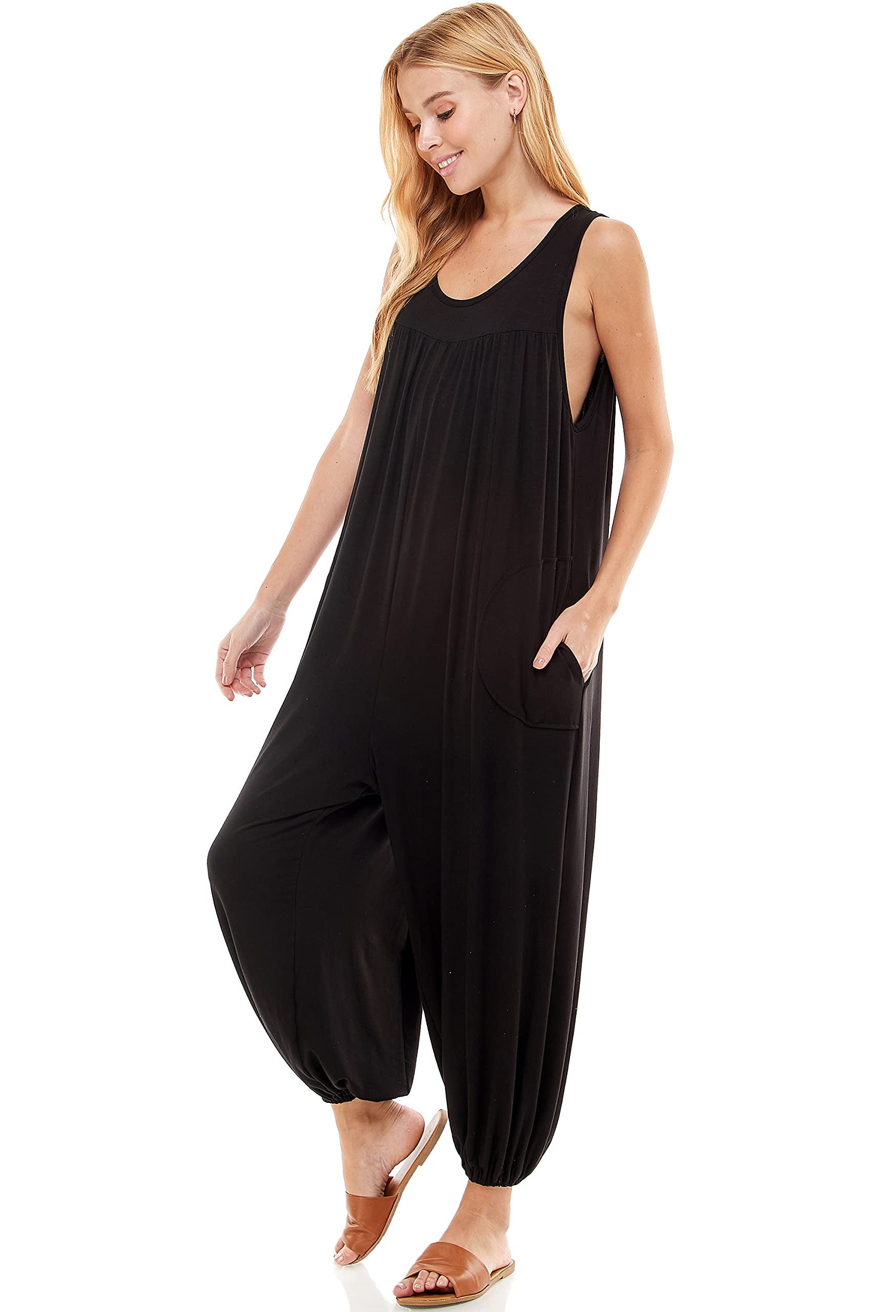 Women's Loose Fit Jumpsuit - Casual Sleeveless Romper with Pockets | Comfortable Capri Jumpsuit for Maternity & Everyday Wear | Perfect for Summer Outings, Beach Vacations and Relaxing at Home
