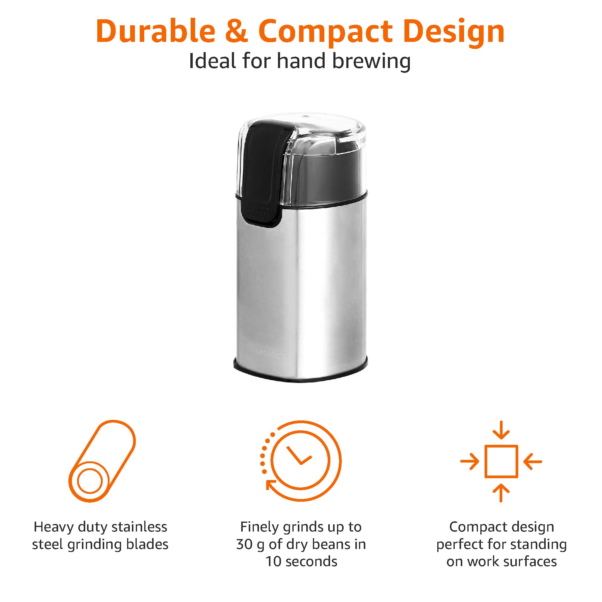 Amazon Basics Electric Coffee Grinder - Stainless Steel Blades, Compact & Powerful for Espresso, French Press, Drip Coffee - Perfect for Home, Office & Travel Use