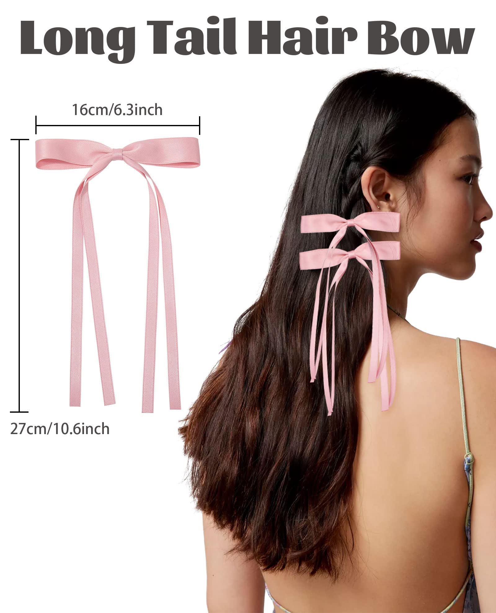 AWAYTR Silky Satin Hair Bow Clips - 3 Pack (Pink, Beige, Black) | Long Tail Hair Accessories for Women & Girls | Perfect for Weddings, Parties & Everyday Styling