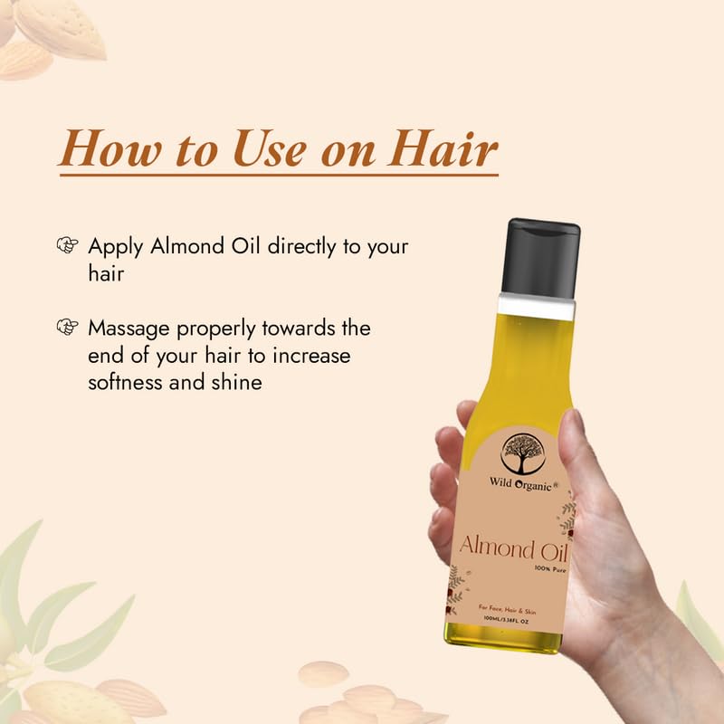 Organic Almond Oil for Hair & Skin - 100% Pure, Cold Pressed, 100ml - Perfect for Hair Growth, Moisturizing & Massage | Ideal for DIY Beauty & Aromatherapy